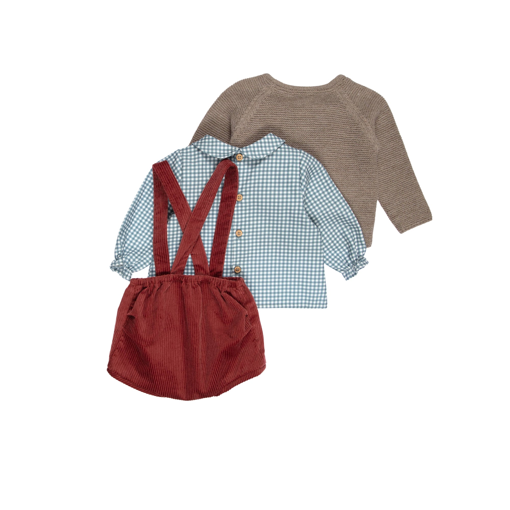 Brown Cardigan & Red Shorts Set