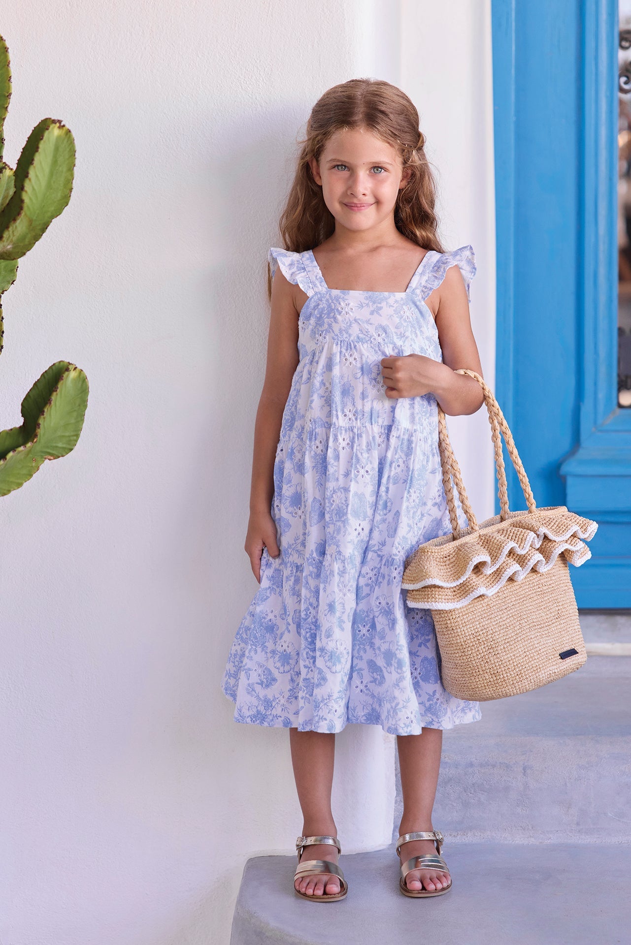 Santorini Embroidered Cotton Dress | Blue