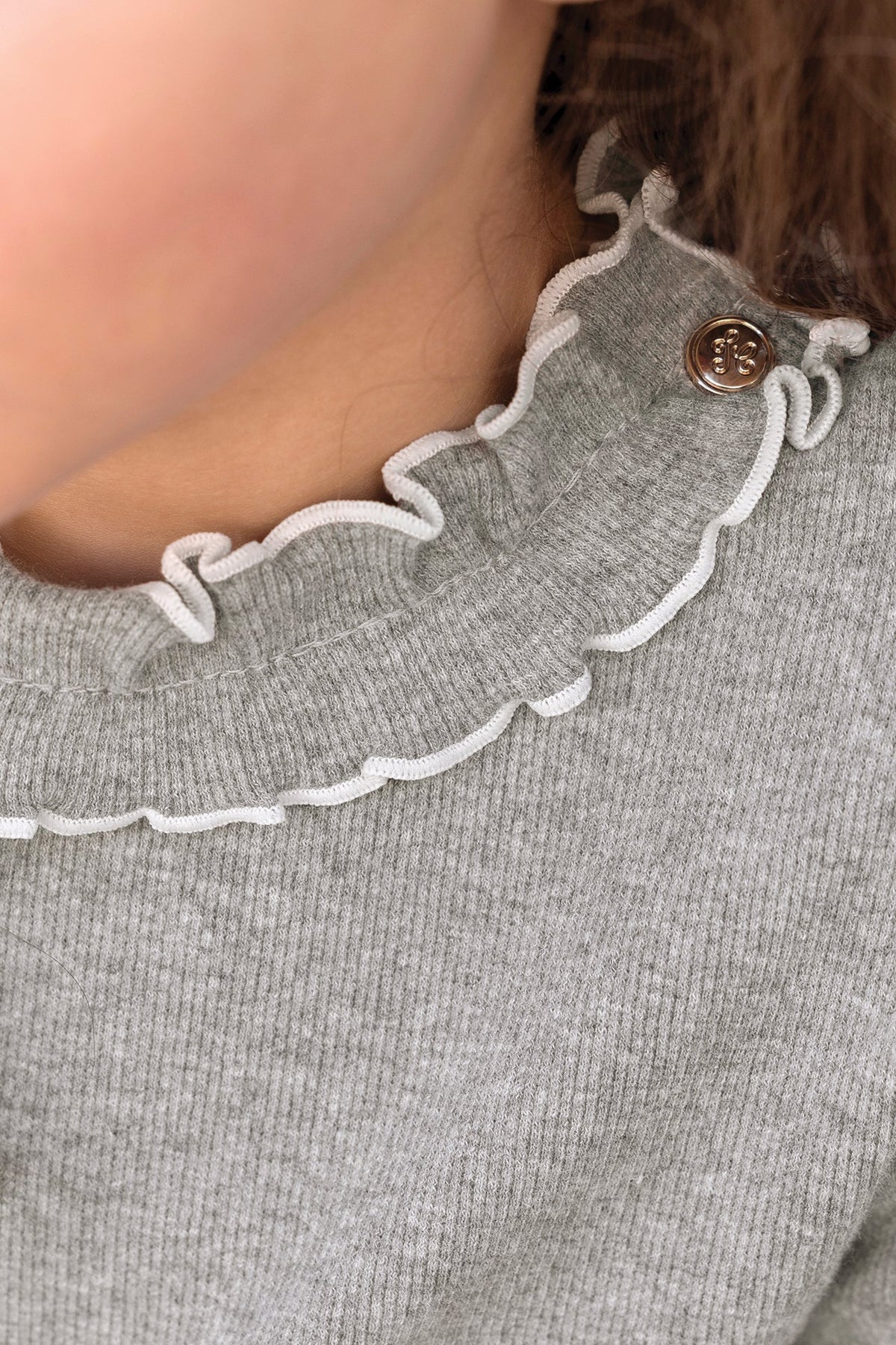 Ruffled Collar Cotton T-shirt | Marl Grey