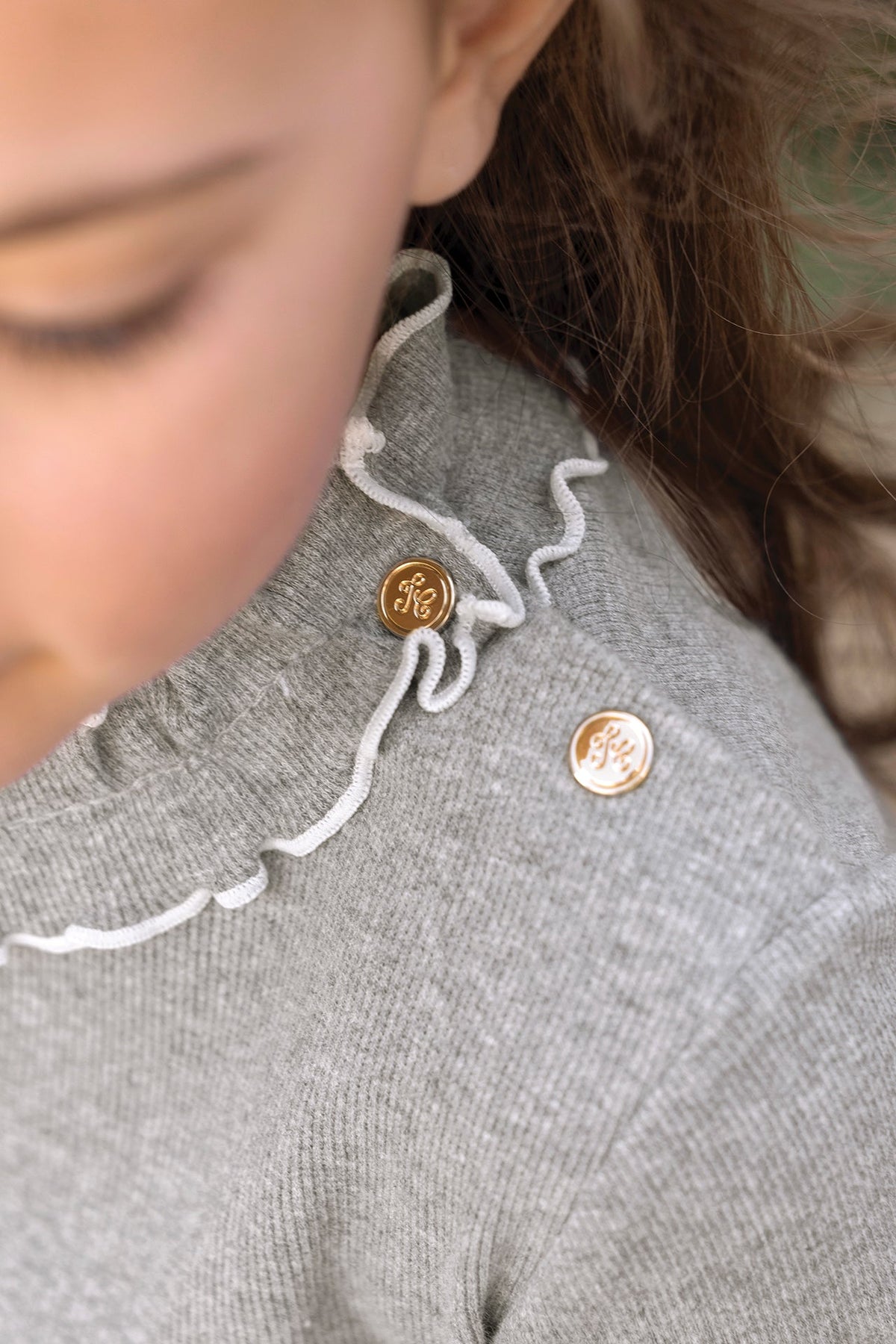 Ruffled Collar Cotton T-shirt | Marl Grey