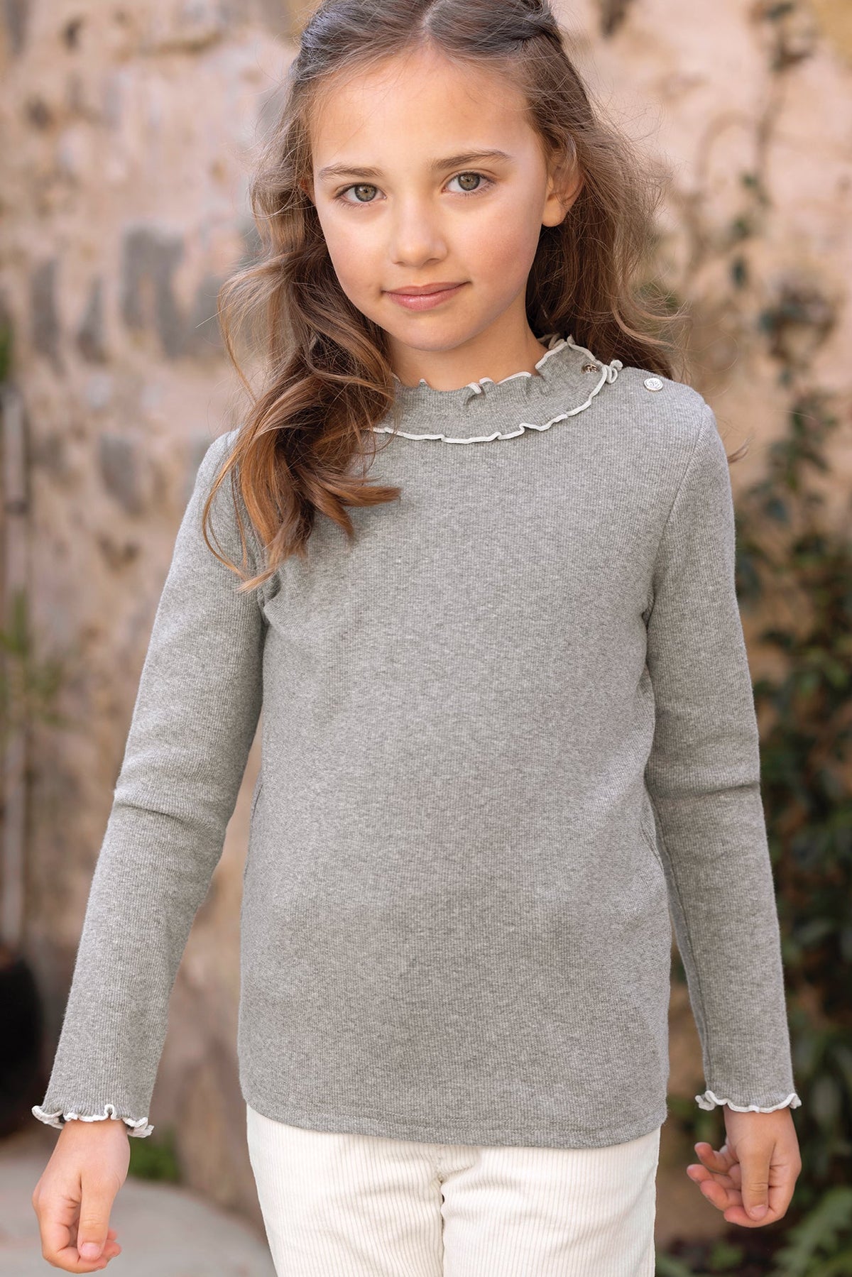 Ruffled Collar Cotton T-shirt | Marl Grey