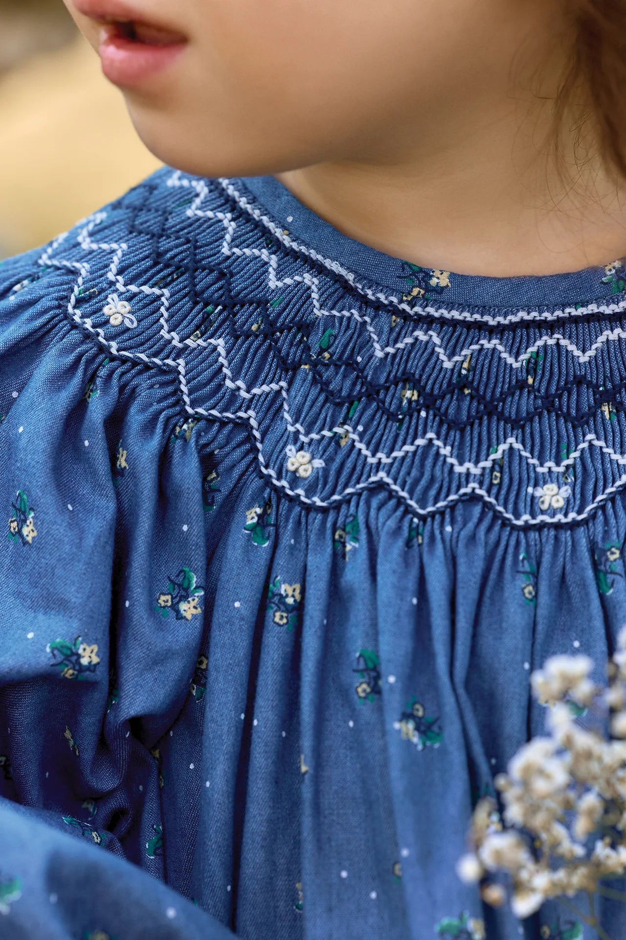 Smocked Flower Pattern Dress | Blue