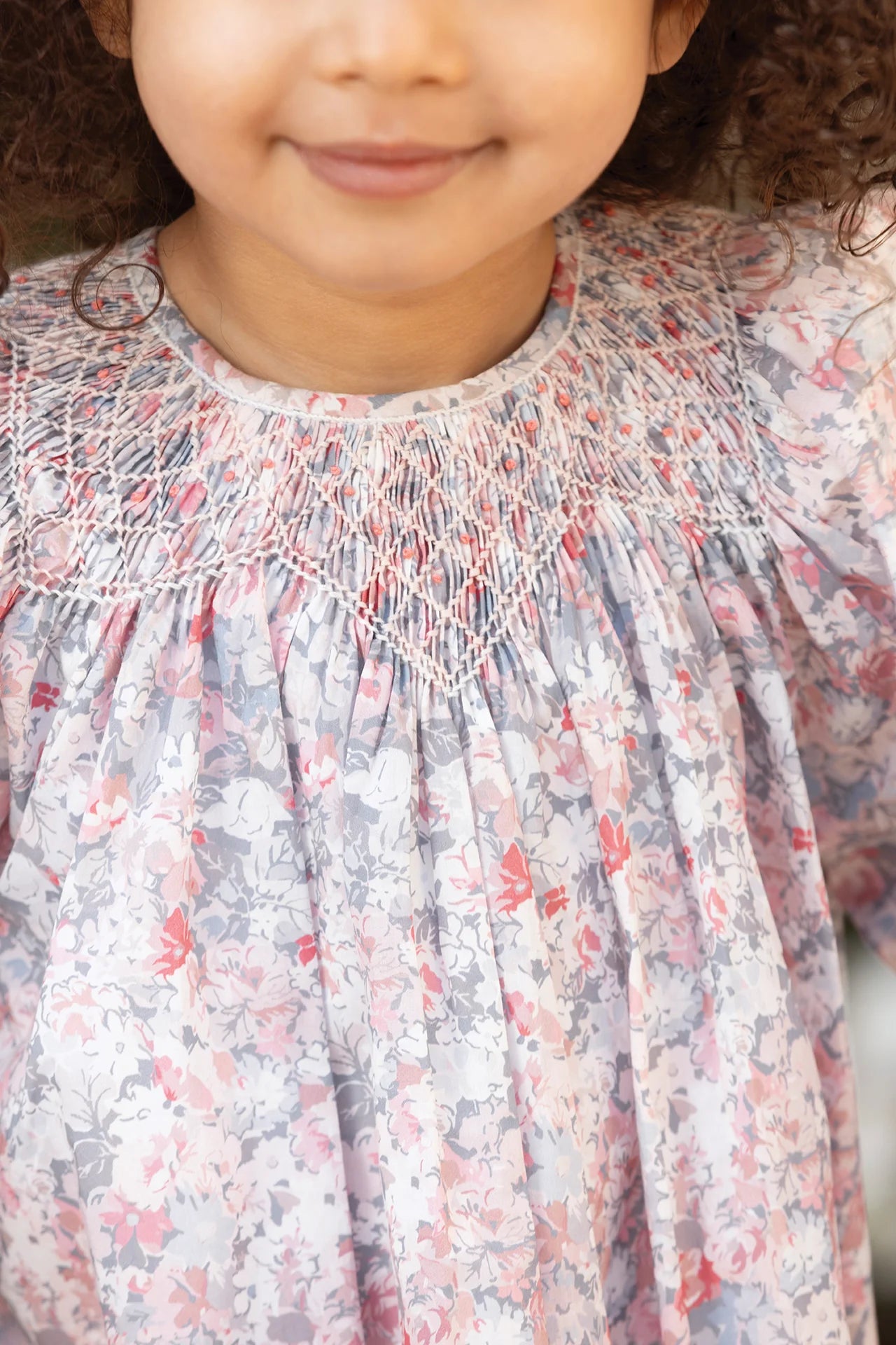 Smocked Flower Pattern Dress | Grey