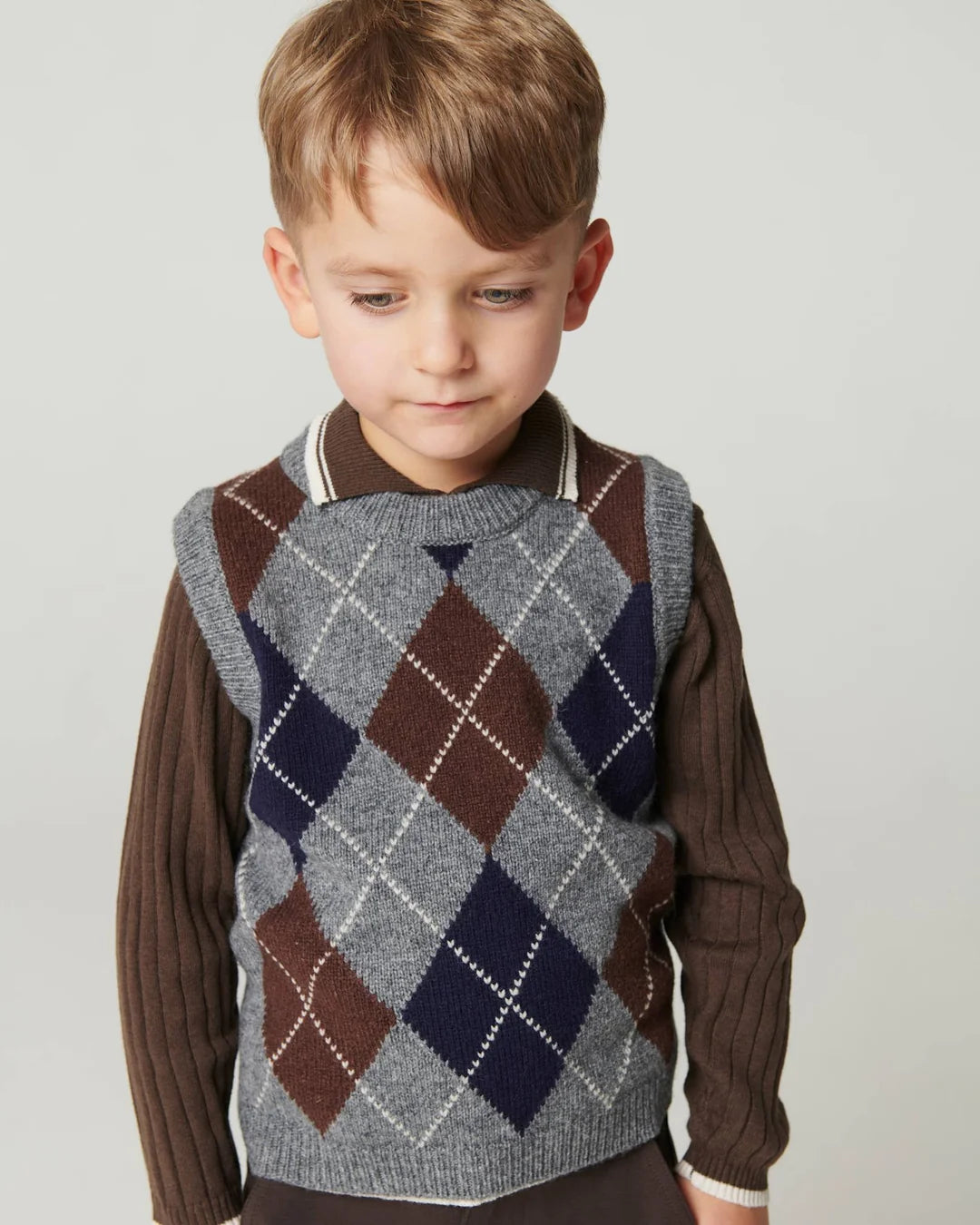 Argyle Knitted Vest | Grey and Brown