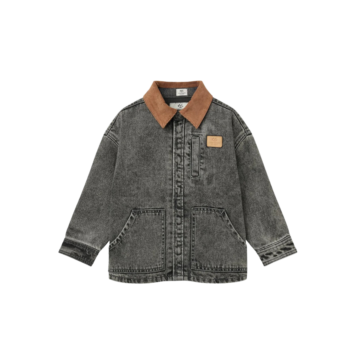 Denim Jacket with Corduroy Collar | Washed Dark Grey Brown