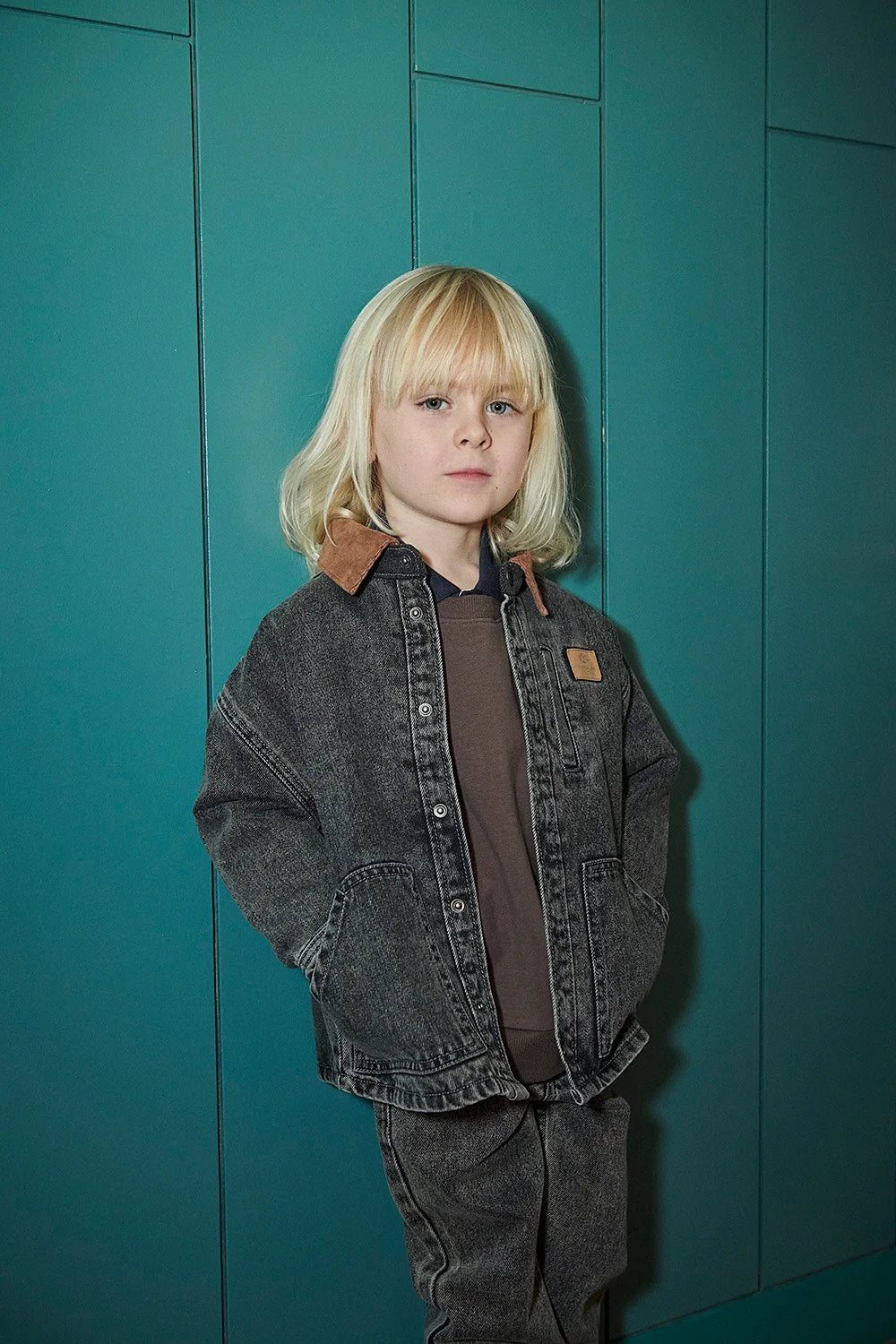 Denim Jacket with Corduroy Collar | Washed Dark Grey Brown