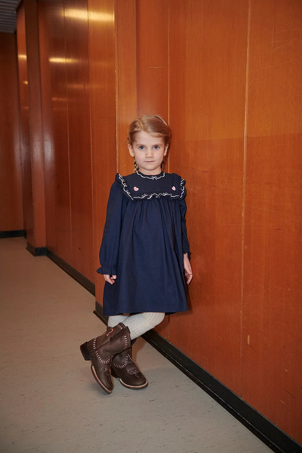 Embroidered Frill Dress | Navy