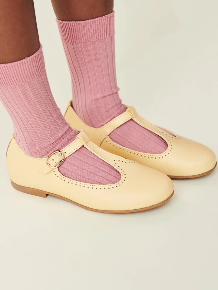 Leather T-Bar Shoes | Pale Yellow