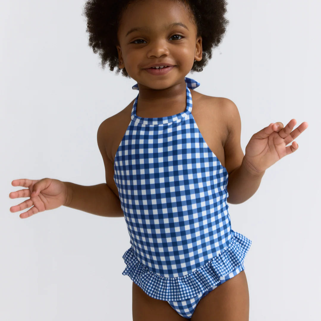 Navy Ruffle Halter One Piece | Picnic Gingham