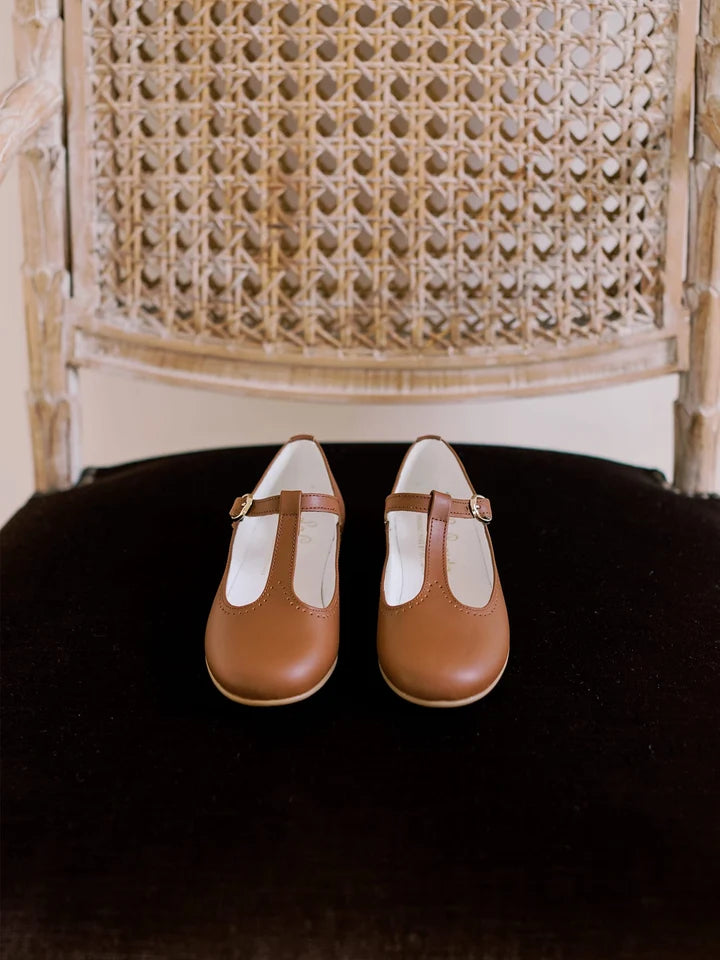 Leather T-Bar Shoes | Dark Tan
