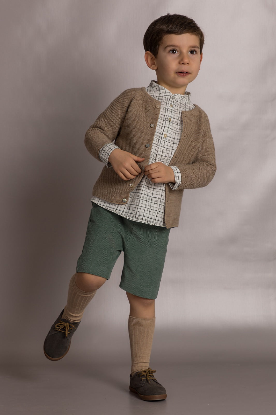 Boys Beige & Green Corduroy Shorts Set