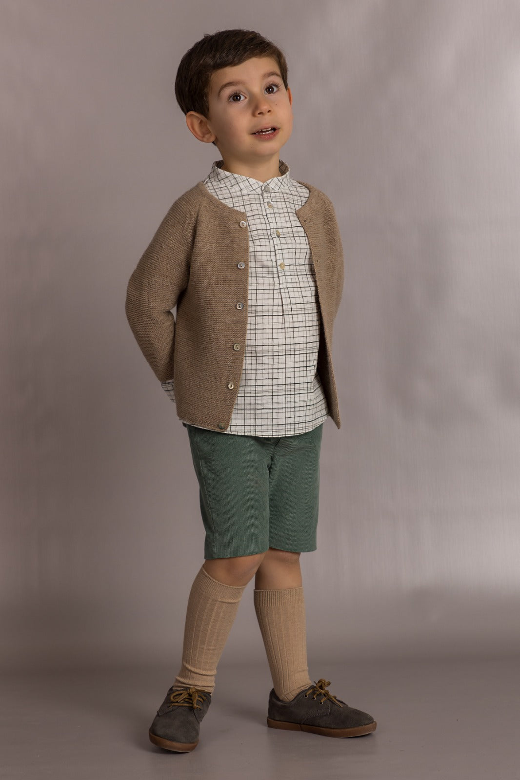 Boys Beige & Green Corduroy Shorts Set