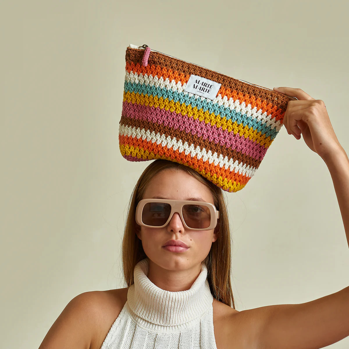 Striped Crochet Large Pouch