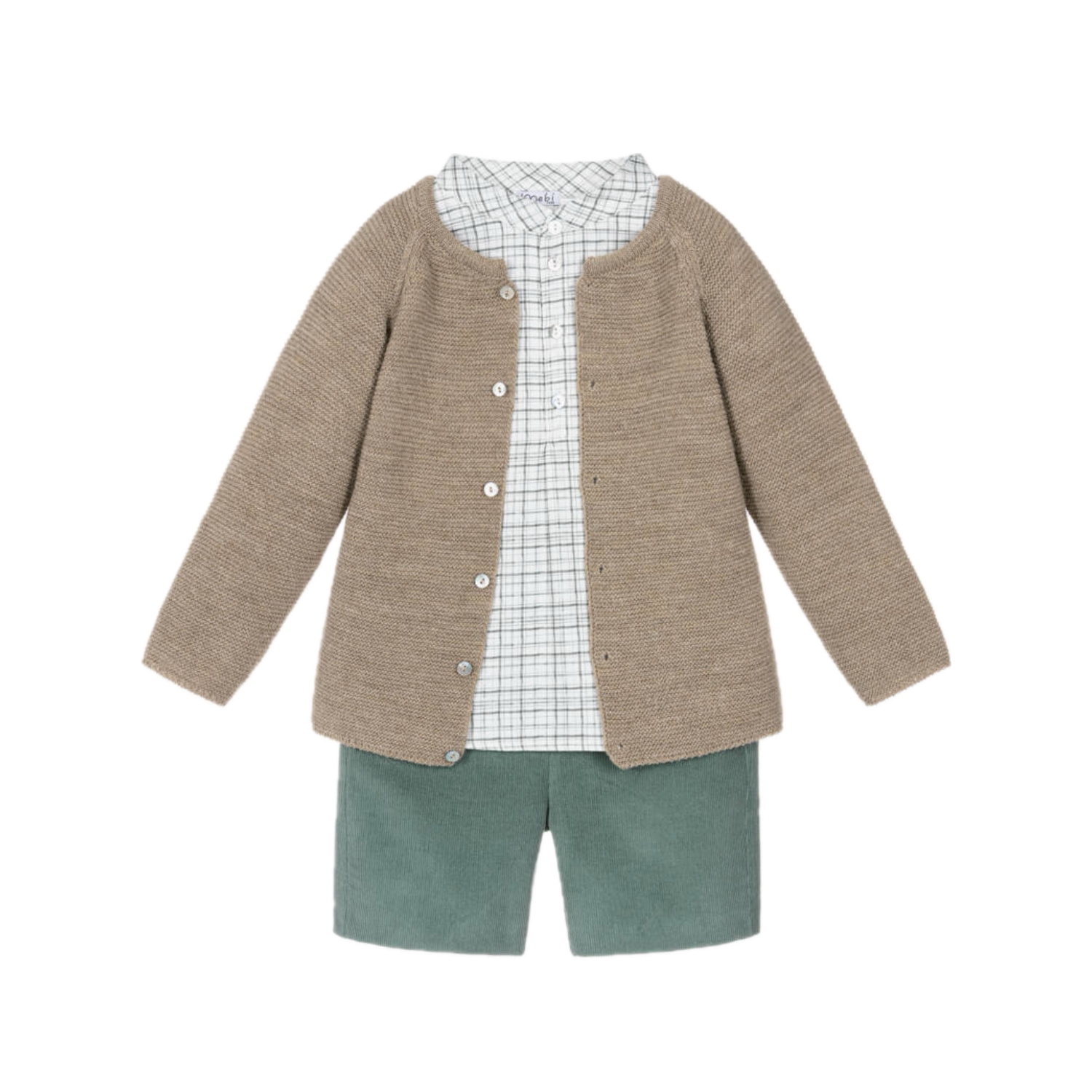 Boys Beige & Green Corduroy Shorts Set