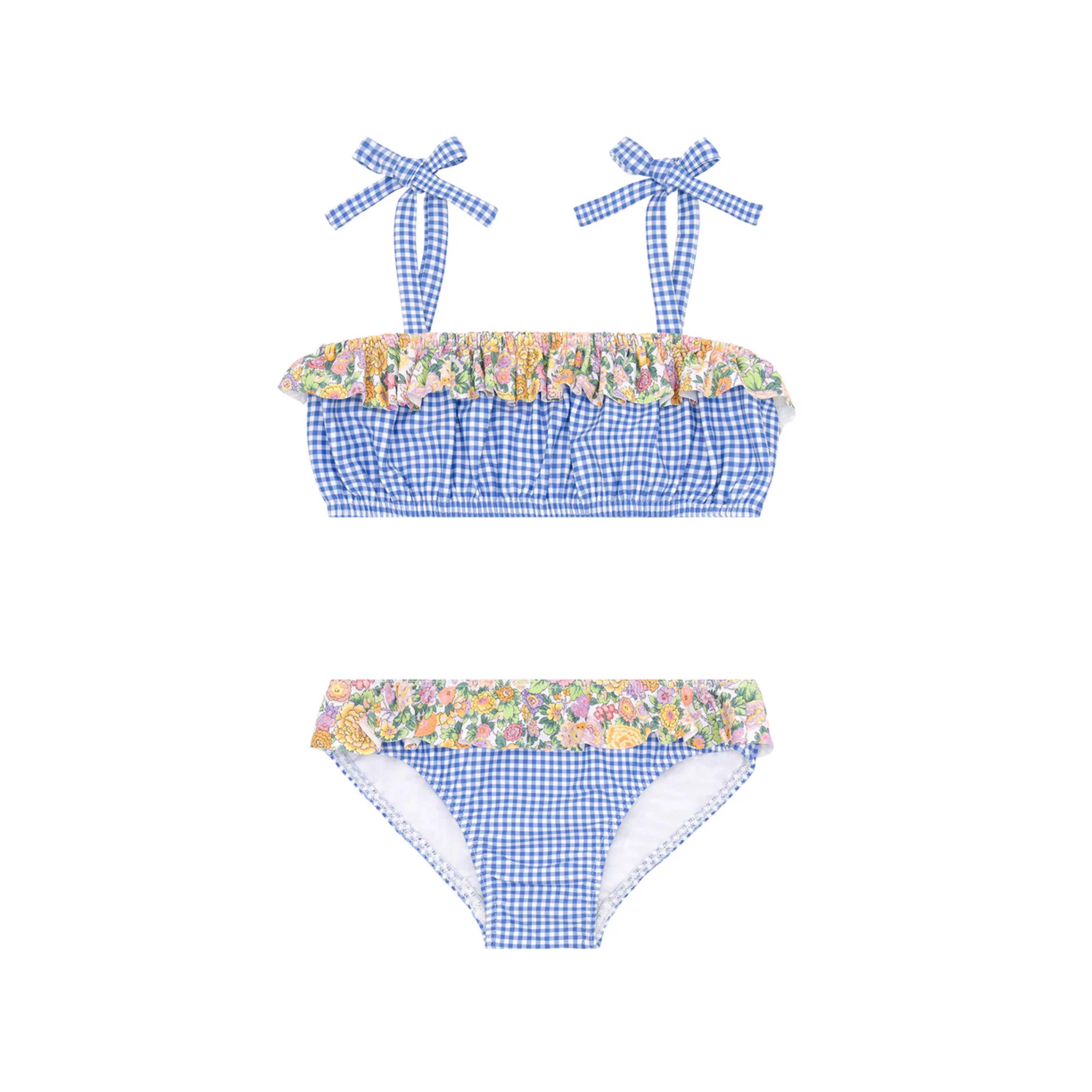 Gingham Bandeau Tie Strap Bikini | Sky Blue