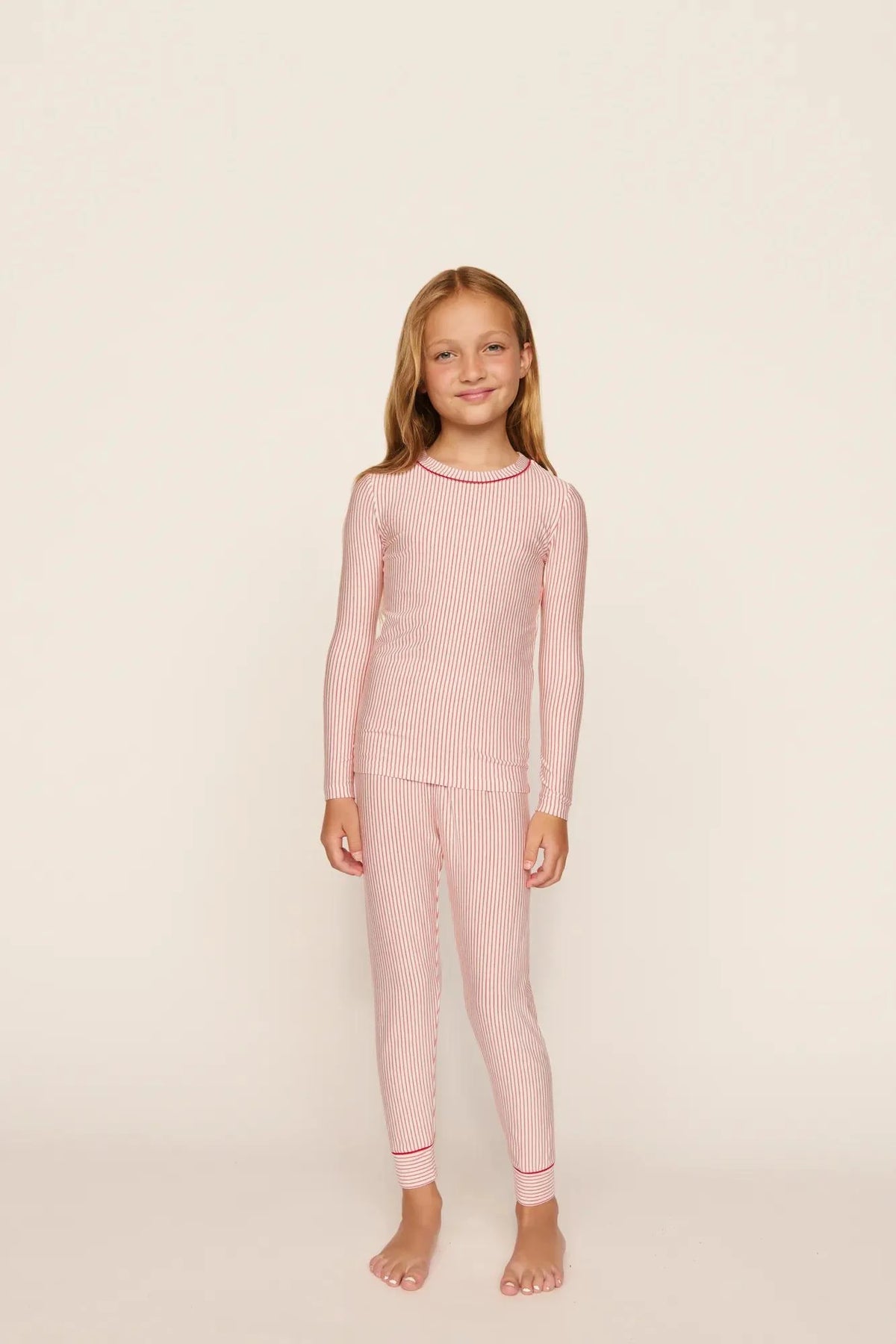 Kids Printed Long Pj Set | Duo Stripe Holly Red