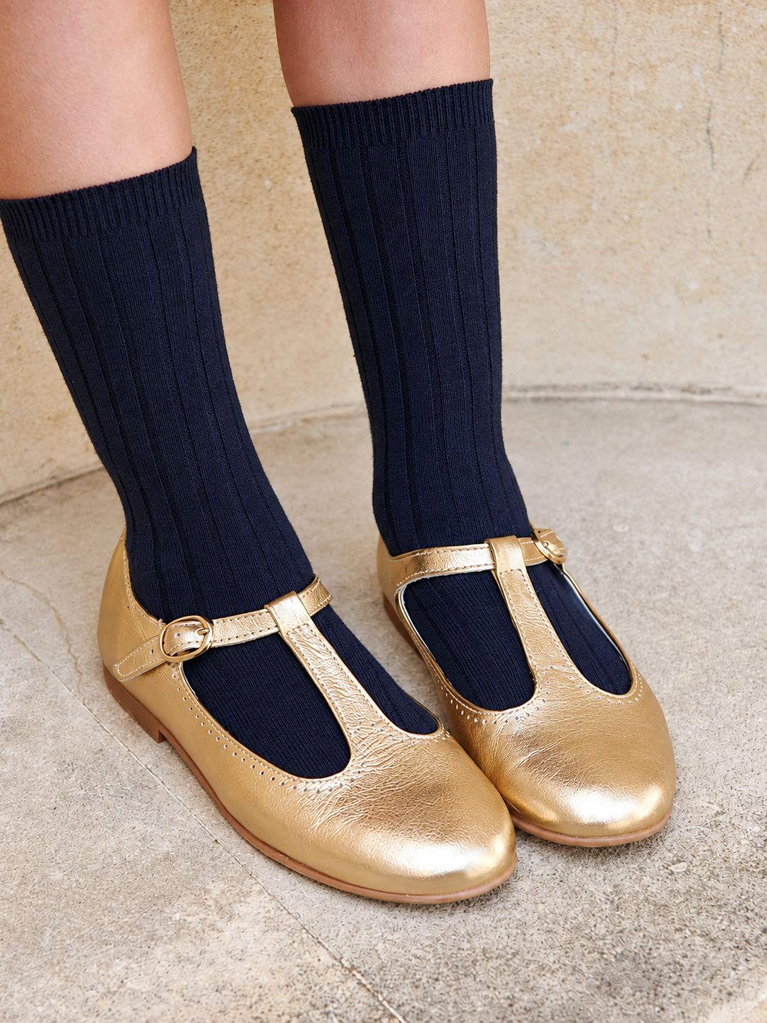 Leather T-Bar Shoes | Gold