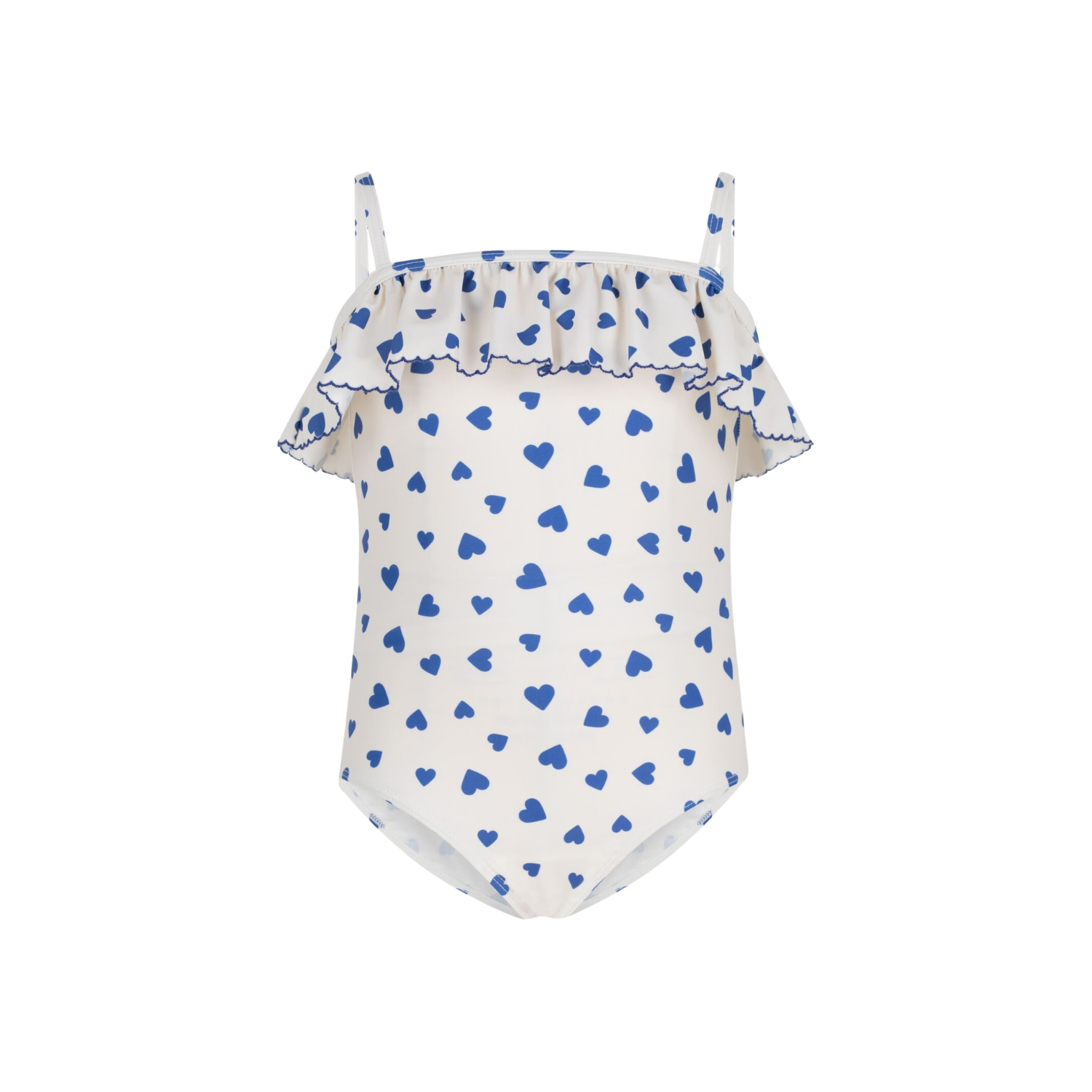 Heart Print Ruffle Swimsuit | White and Blue
