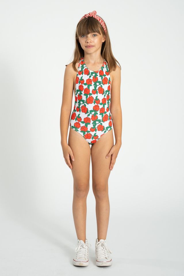 Rose Print Back Bow Swimsuit | Ecru/Red