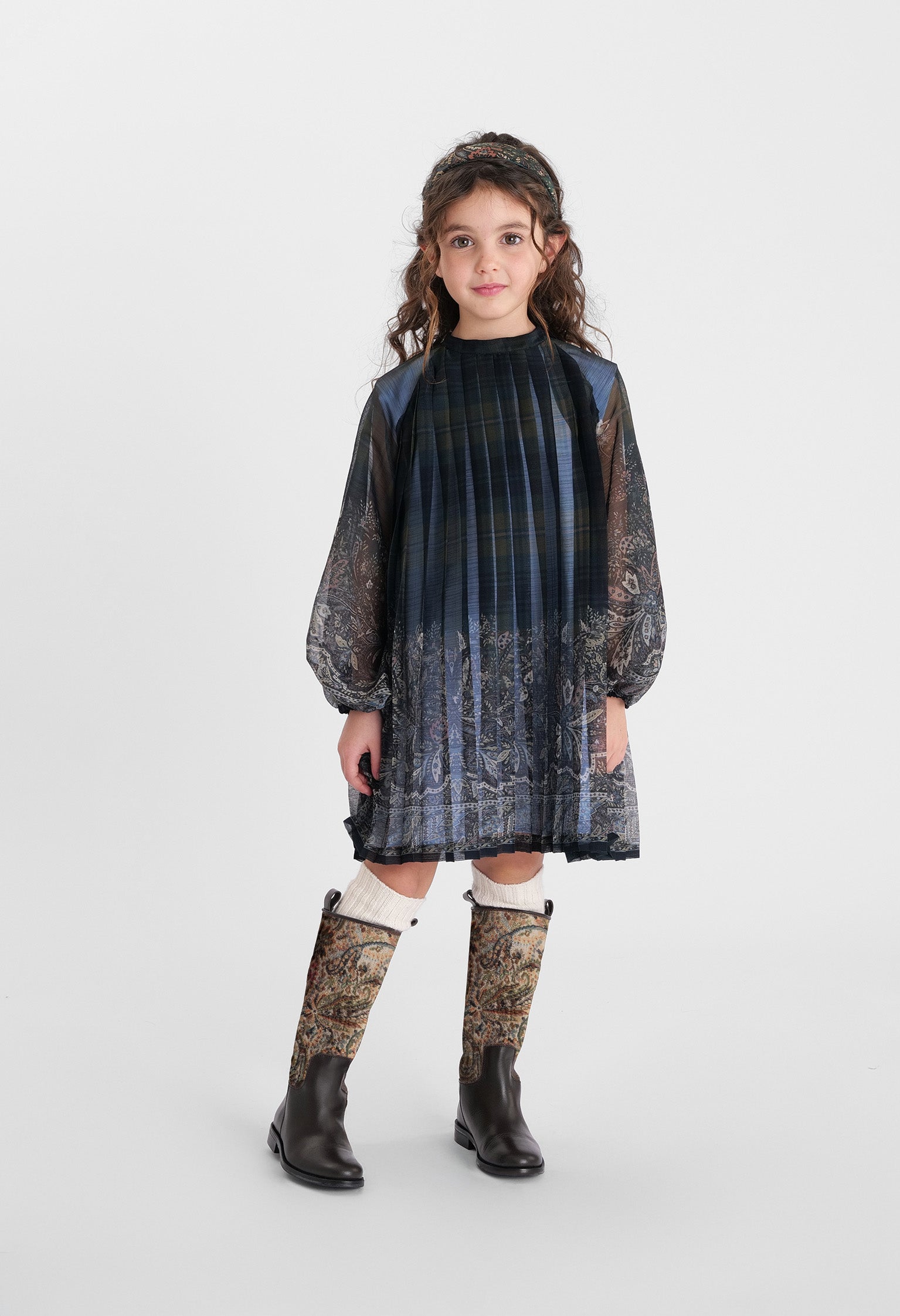Pleated Dress in Lightweight Crepon | Verde/ Blu