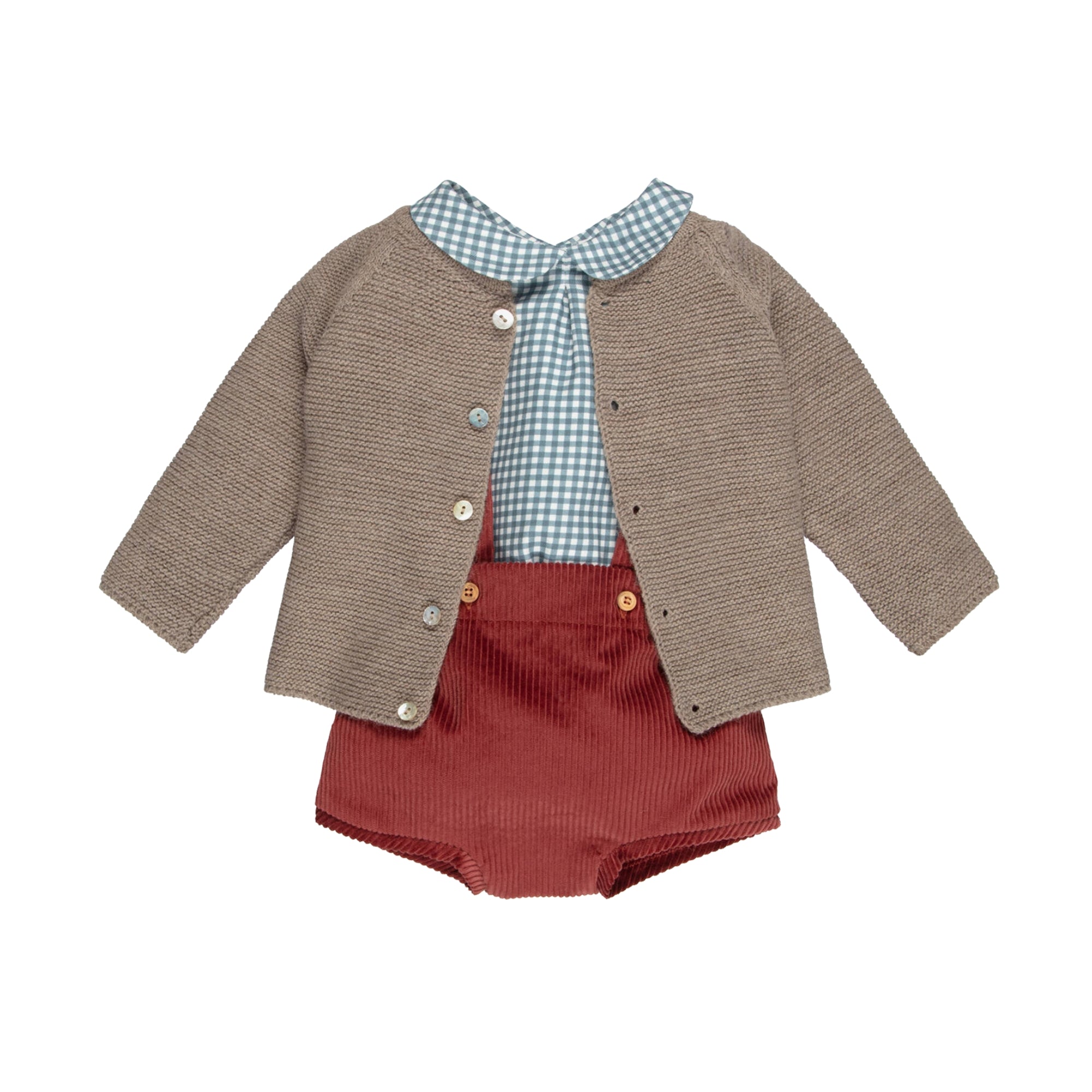 Brown Cardigan & Red Shorts Set