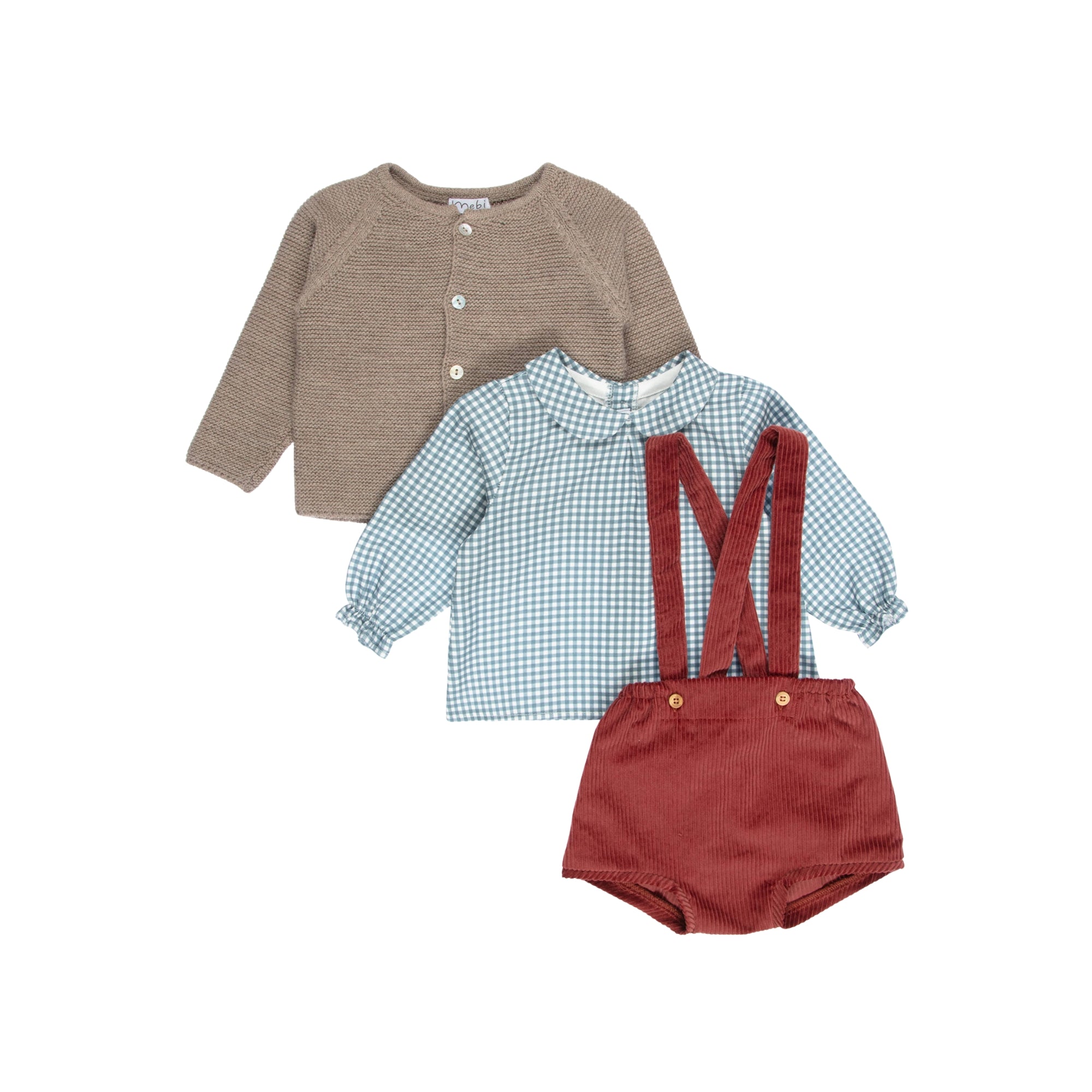 Brown Cardigan & Red Shorts Set