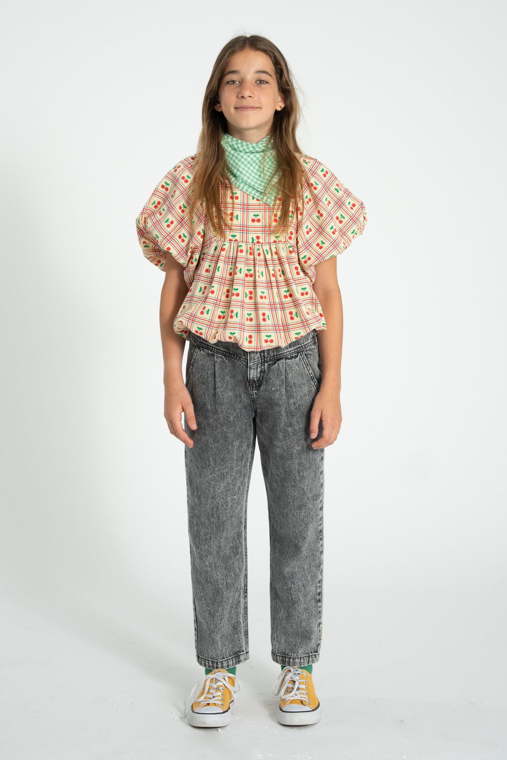 Cherry Print Balloon Sleeves Cropped Blouse | Light Yellow