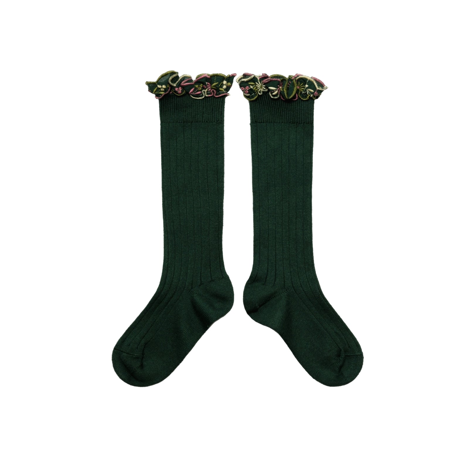 Eglantine Embroidered Ruffle Ribbed Knee-high Socks | Vert Forêt