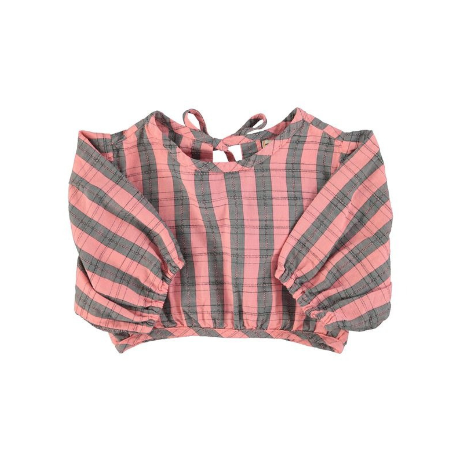 Checkered Balloon Sleeves Cropped Blouse | Pink/Green