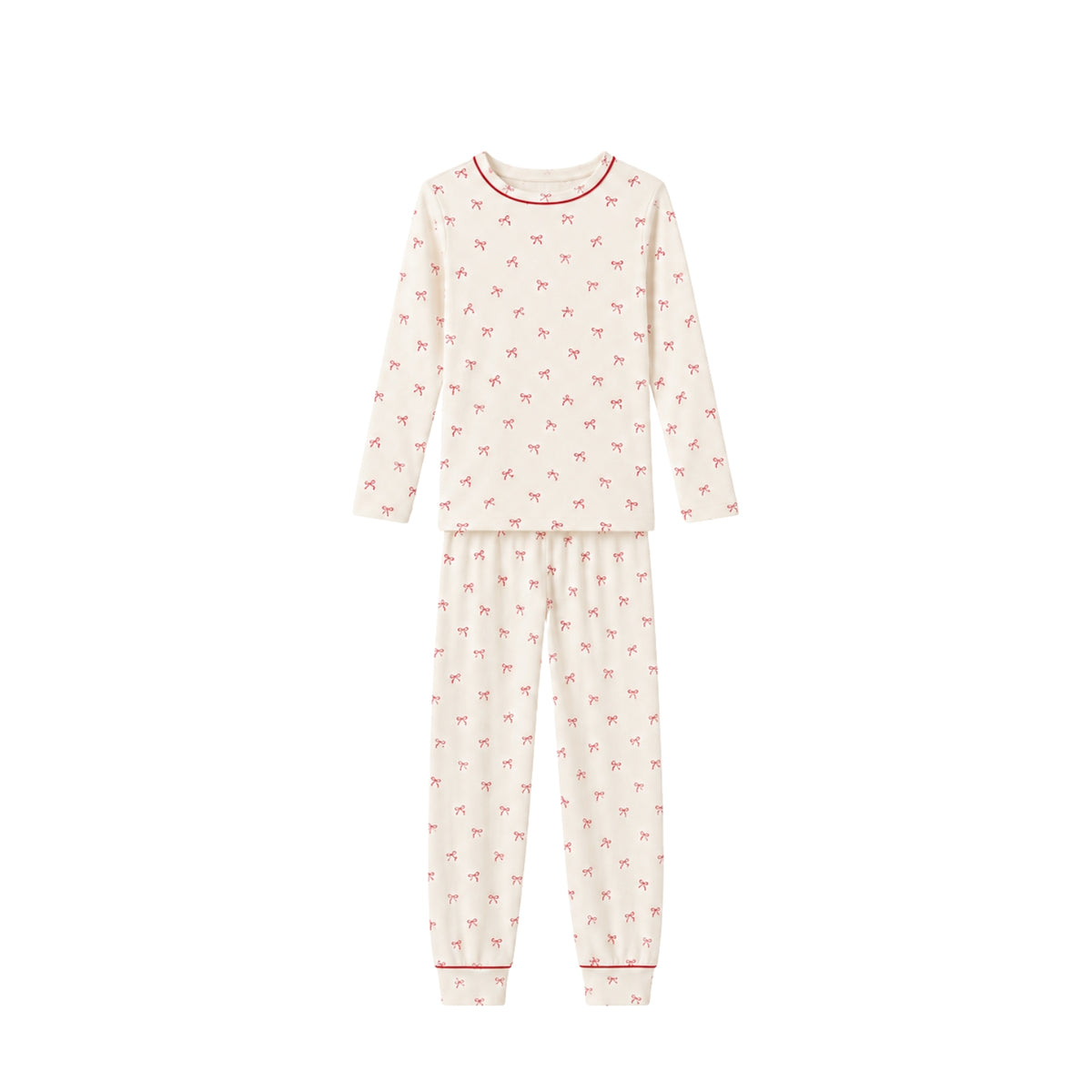 Kids Printed Long Pj Set | Mini Bow Ivory Holly Red