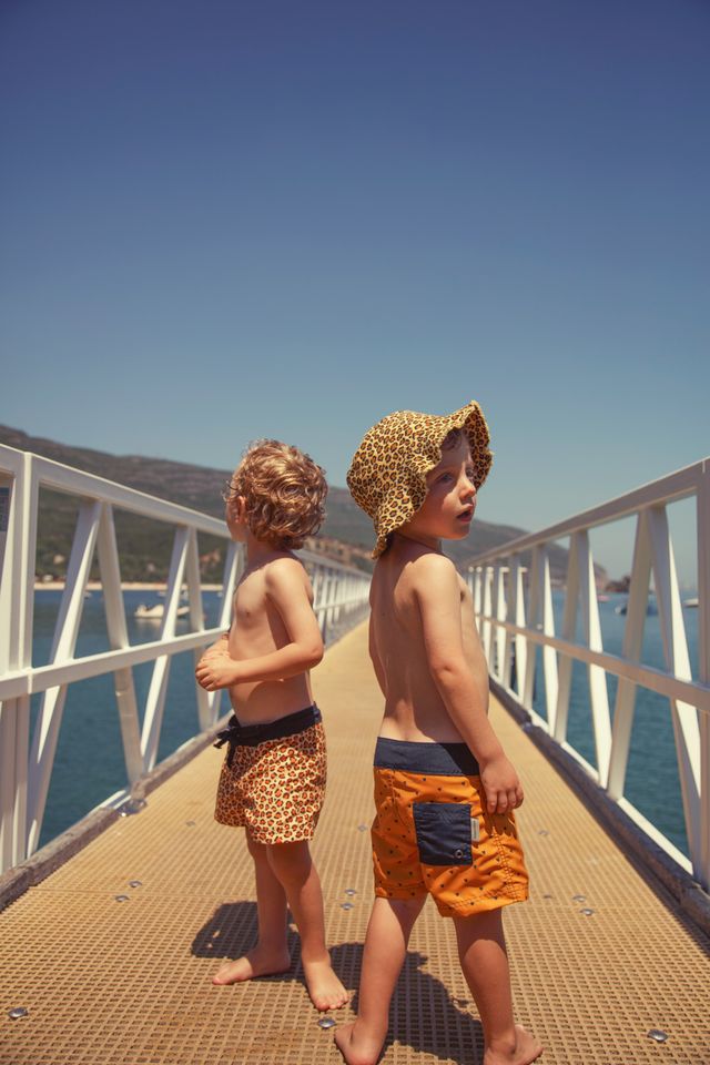 Heart Print Swim Shorts | Camel/Black