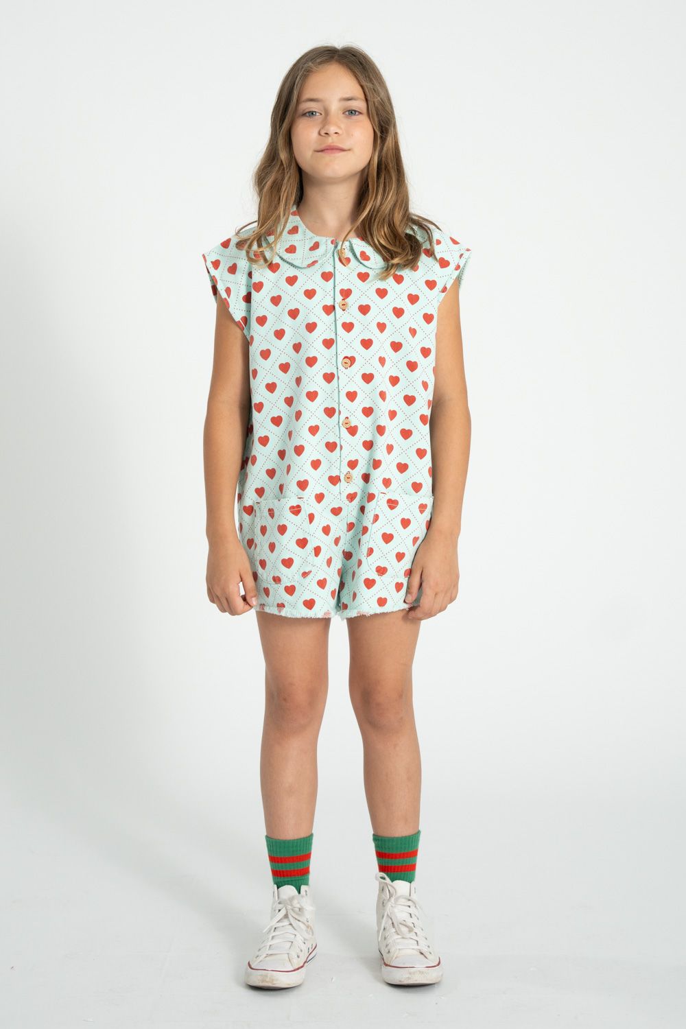 Heart Print Sleeveless Jumpsuit | Light Blue/Red