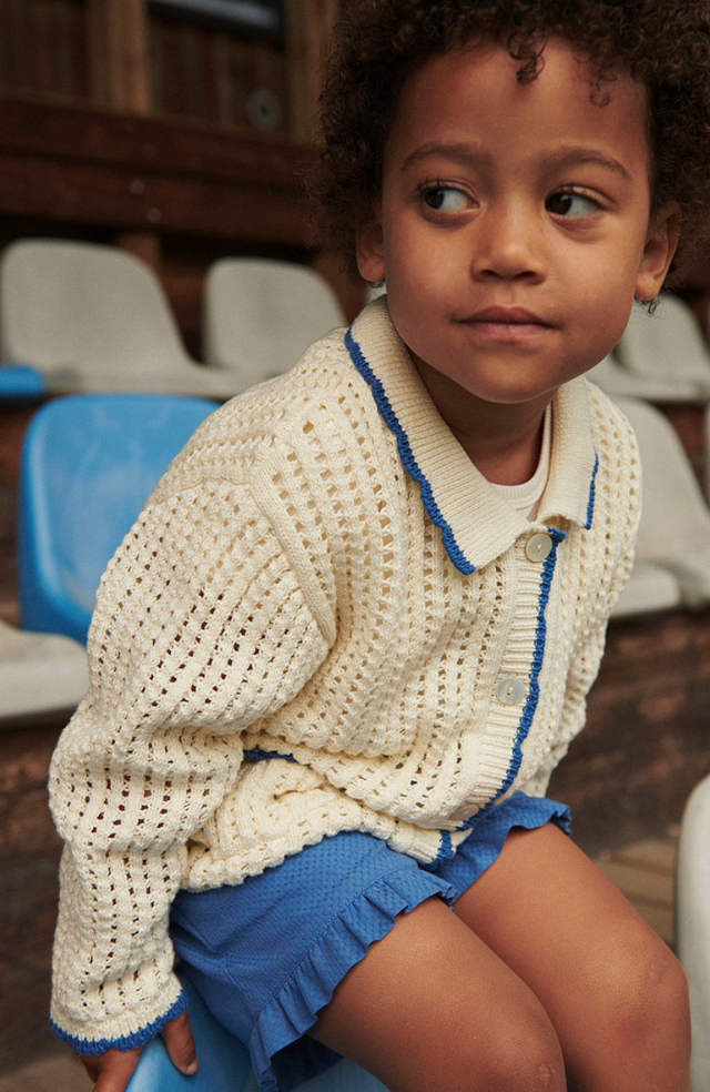 Crochet Long Sleeve Cardigan | Cream & Ocean Blue