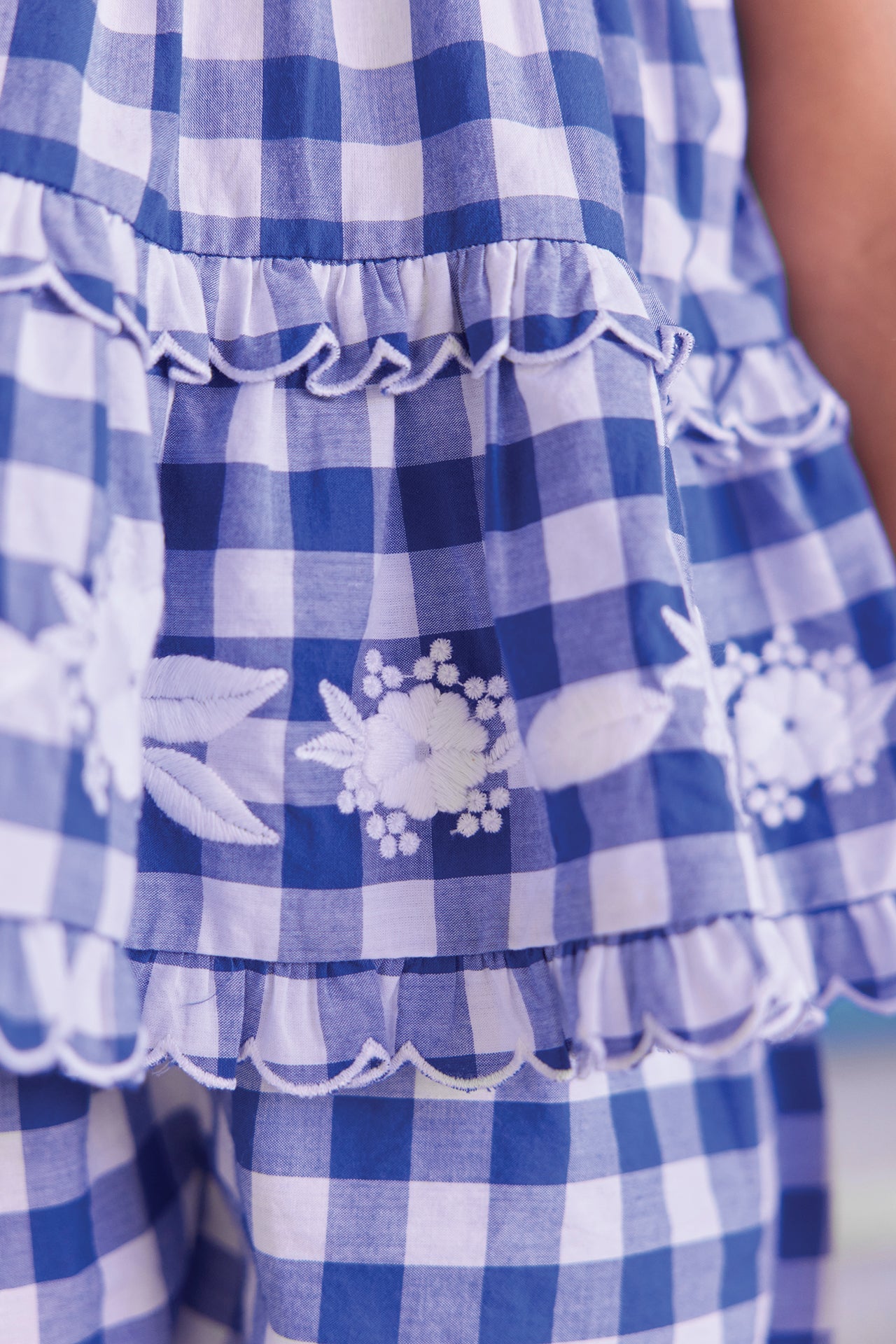 Gingham Shorts Set with Floral Embroidery | Blue Electric