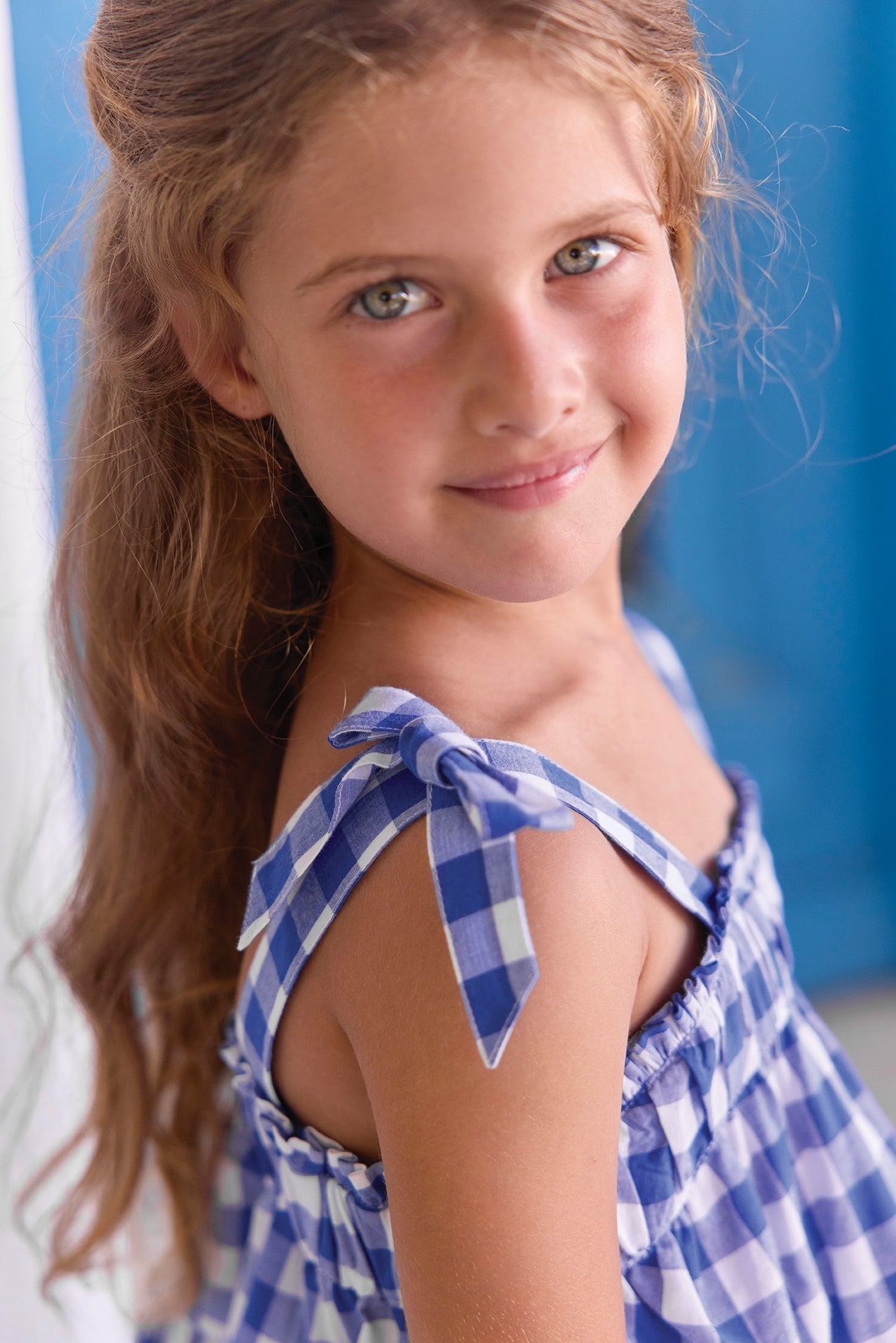 Gingham Shorts Set with Floral Embroidery | Blue Electric