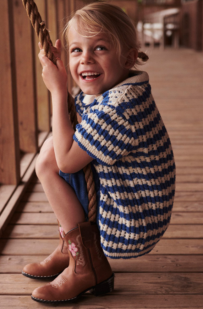 Crochet Short Sleeve Cardigan | Ocean Blue & Cream
