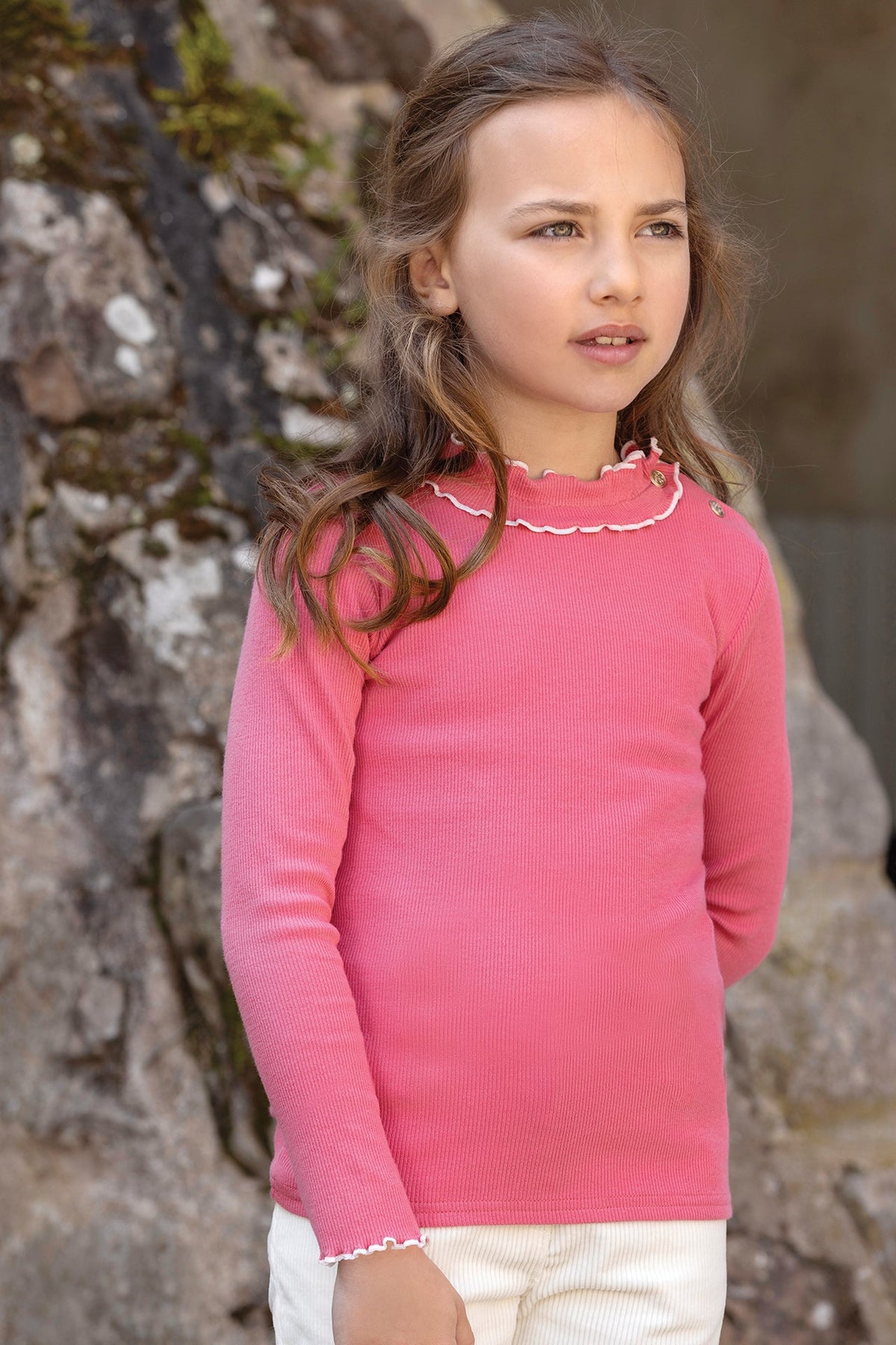 Ruffled Collar Cotton T-shirt | Peony