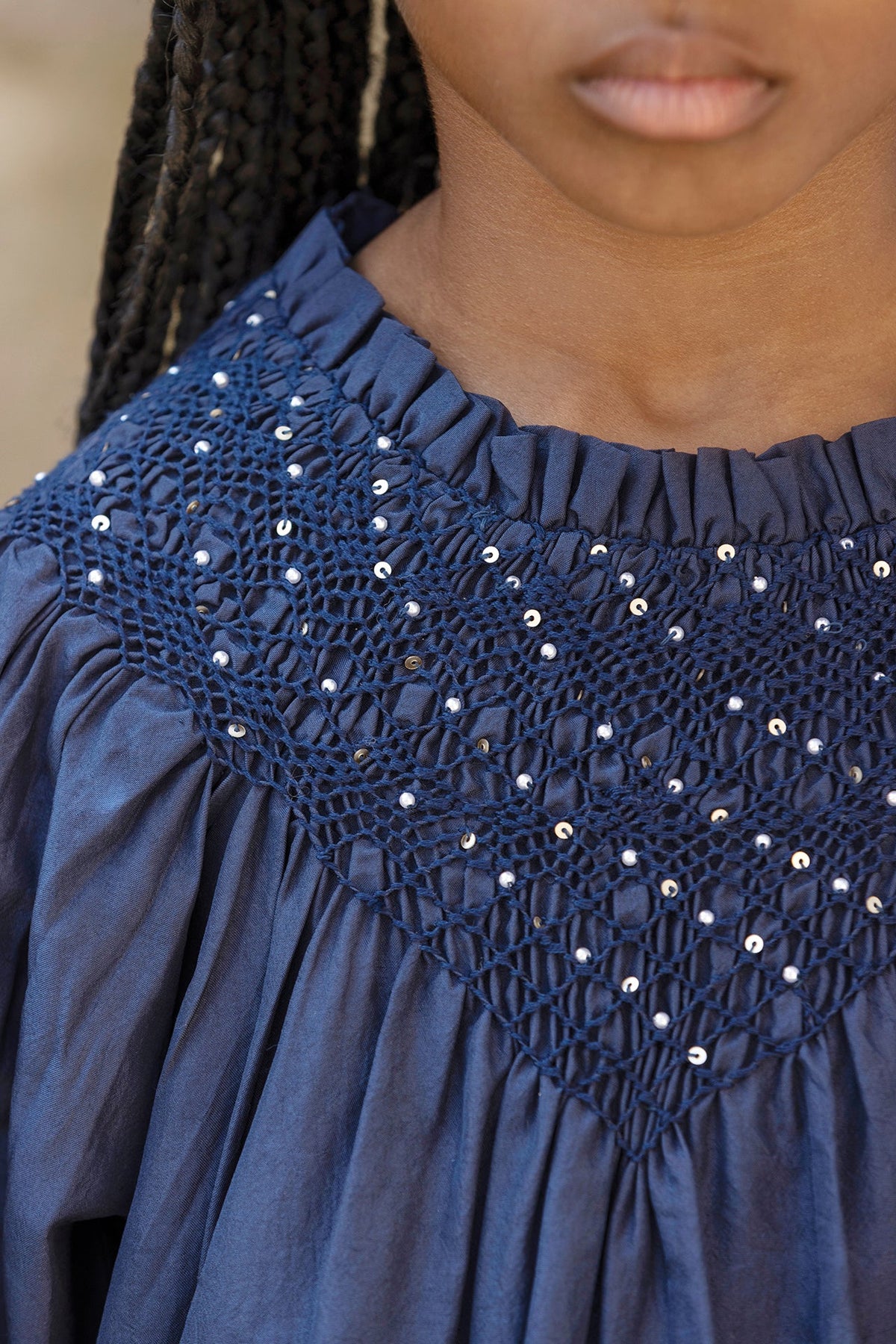 Beaded Smock Silk Dress | Navy