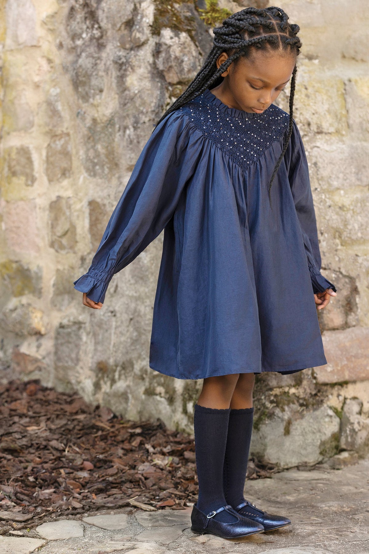 Beaded Smock Silk Dress | Navy