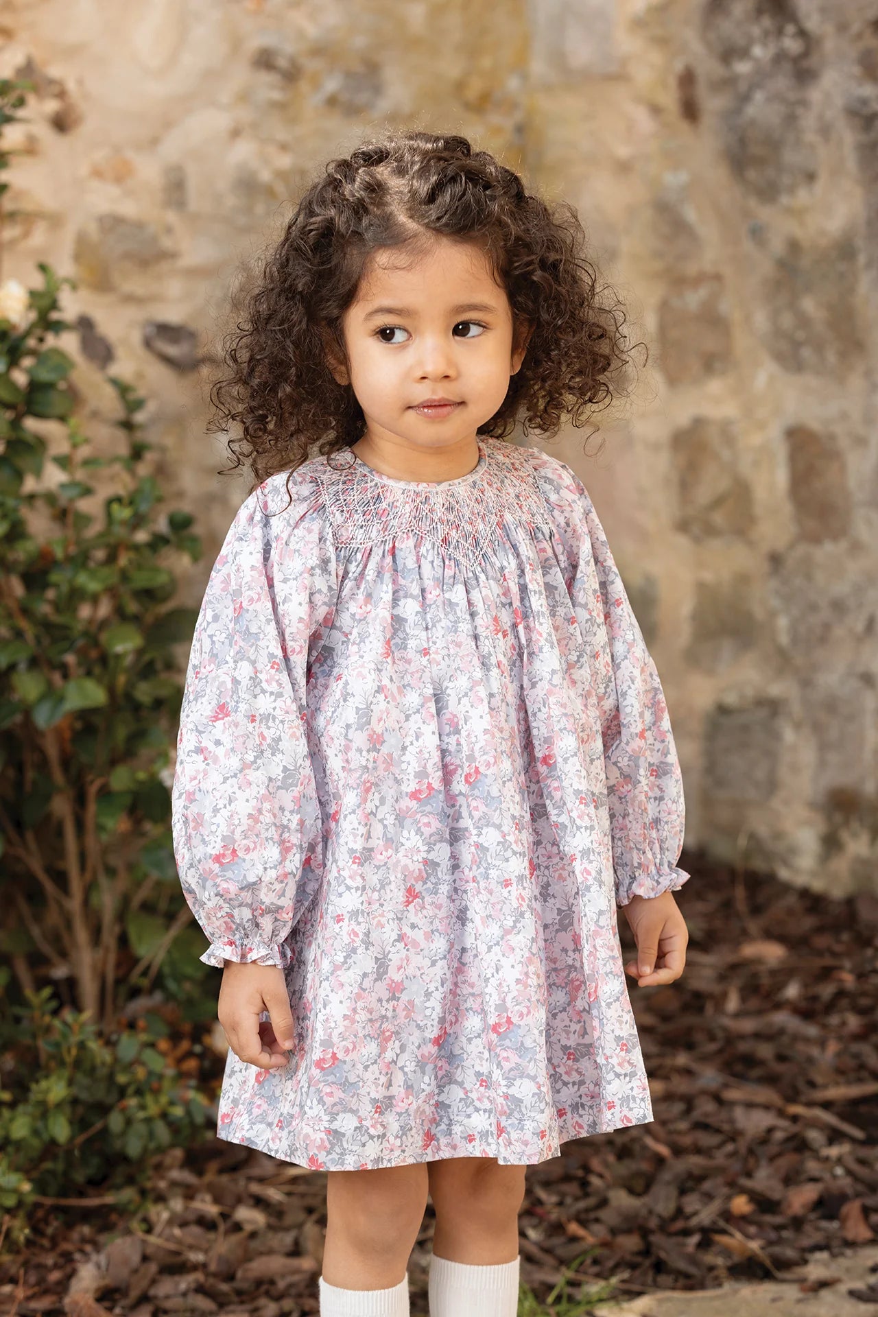 Smocked Flower Pattern Dress | Grey
