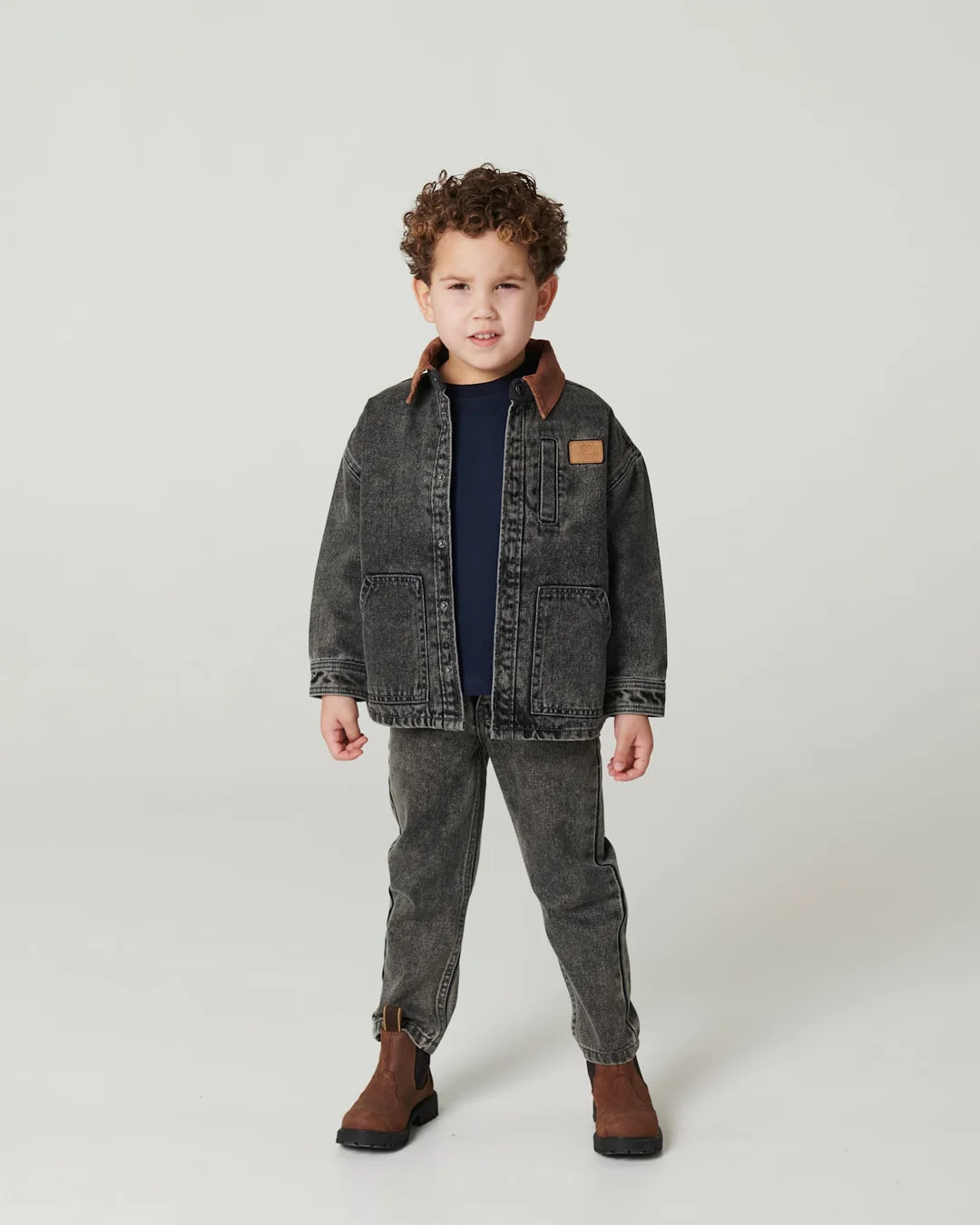 Denim Jacket with Corduroy Collar | Washed Dark Grey Brown