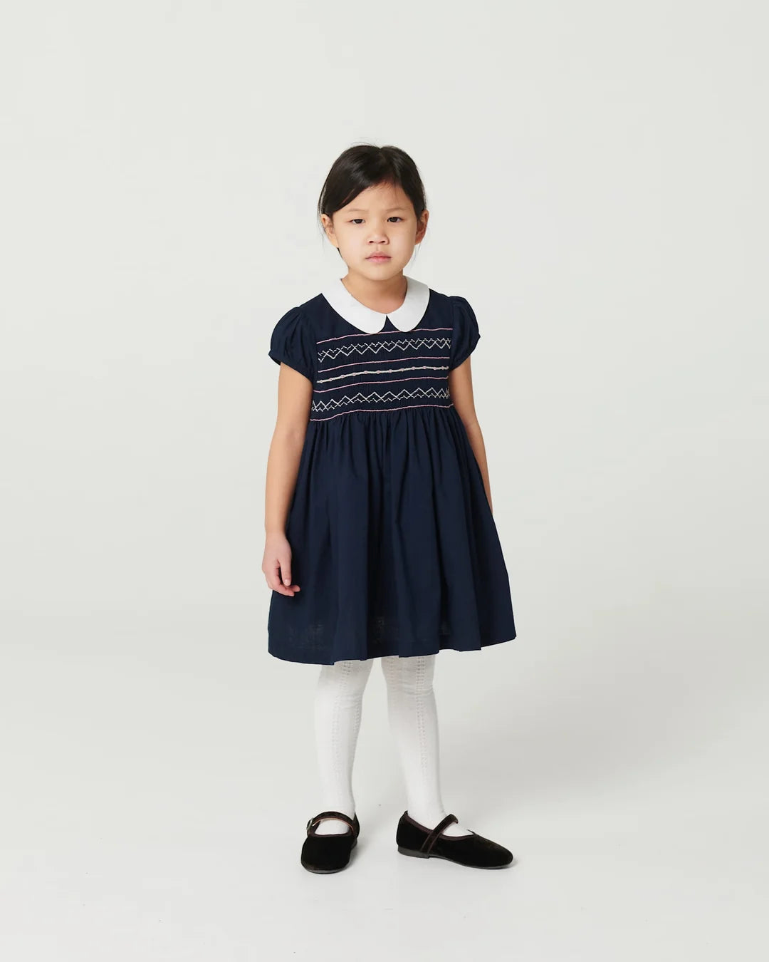 Smock Embroidery Dress | Navy
