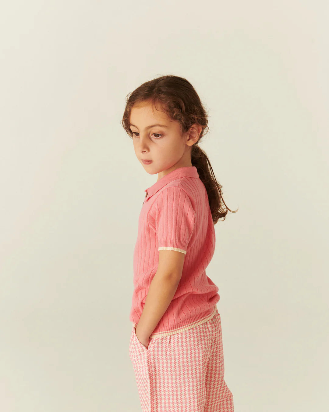 Rib Knitted Polo | Pink & Cream