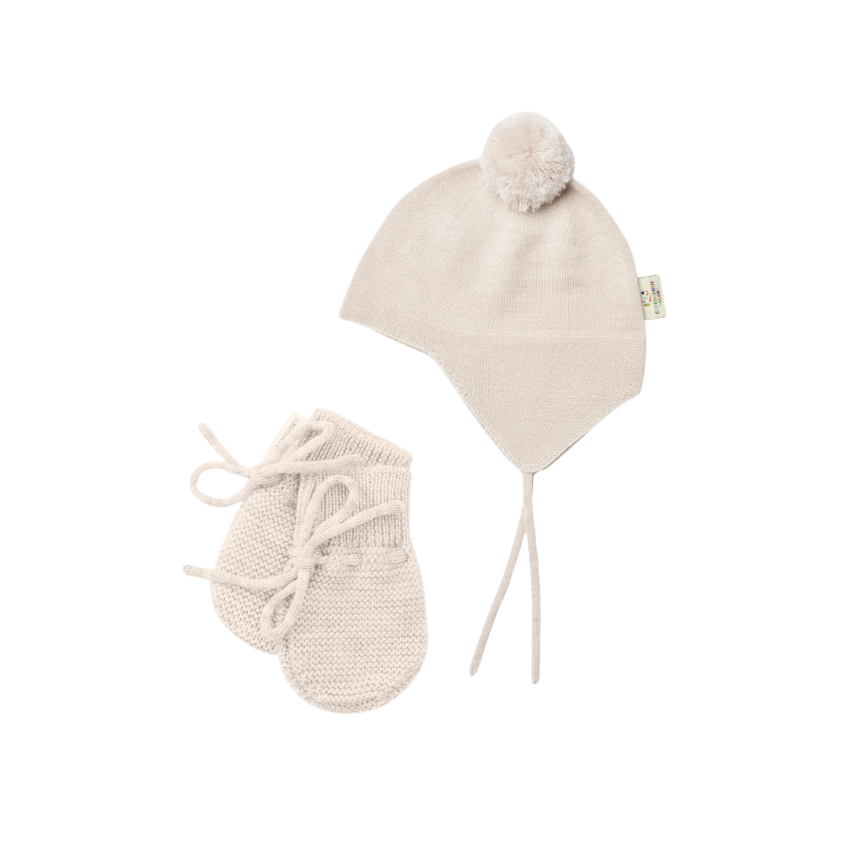 Pompom Bonnet & Mittens Set | Pale Cream Melange