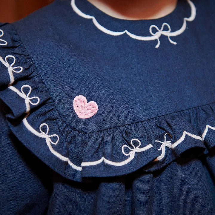 Embroidered Frill Dress | Navy