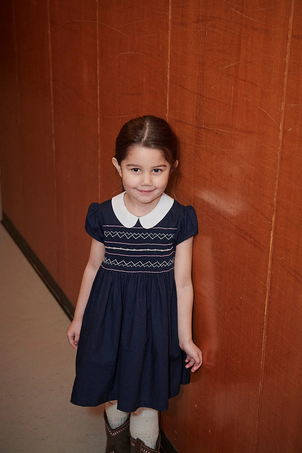 Smock Embroidery Dress | Navy