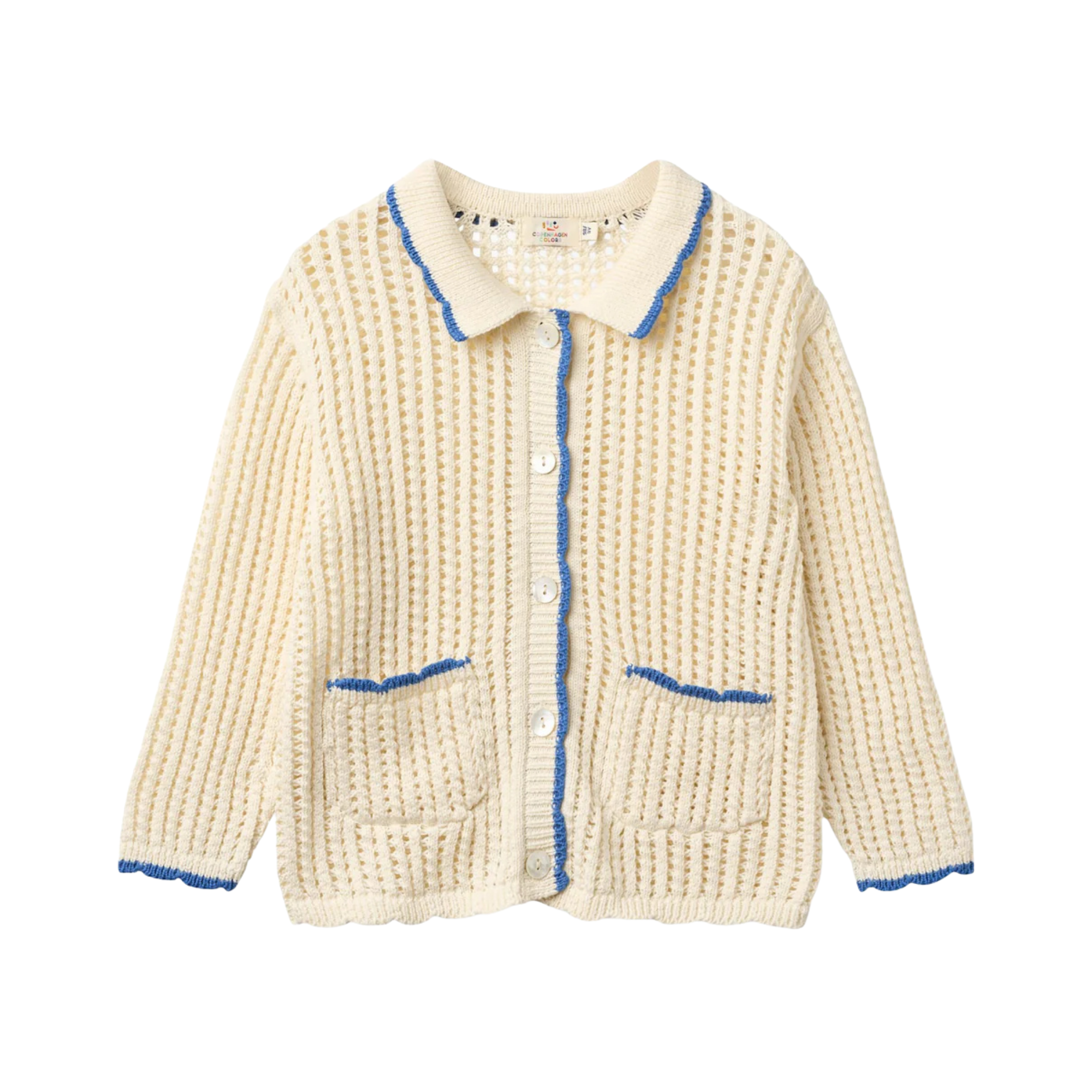 Crochet Long Sleeve Cardigan | Cream & Ocean Blue