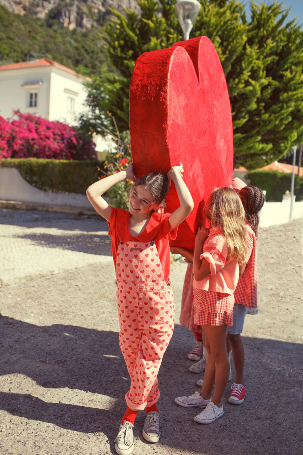 Heart Print Dungarees | Pink/Red
