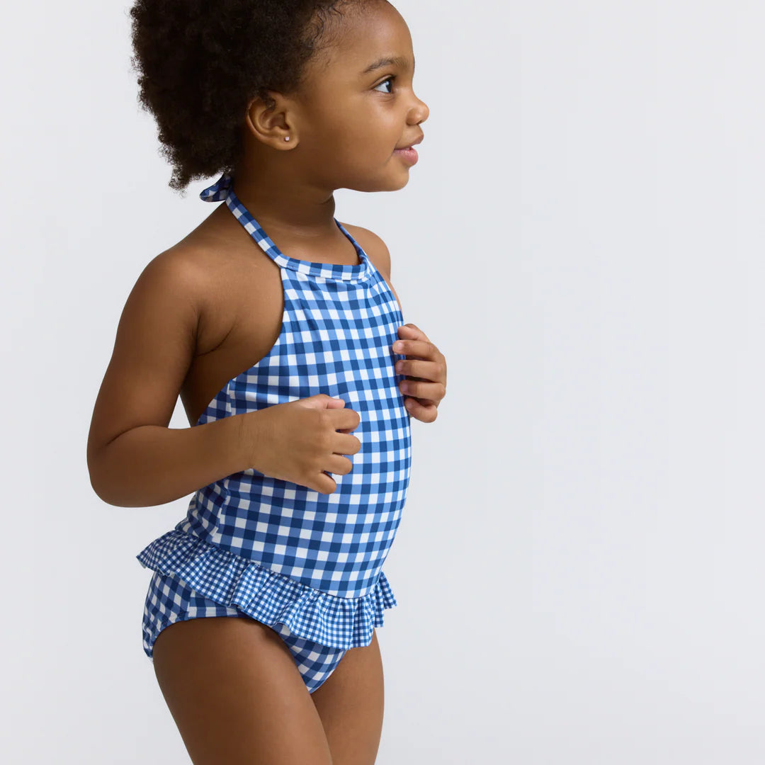Navy Ruffle Halter One Piece | Picnic Gingham