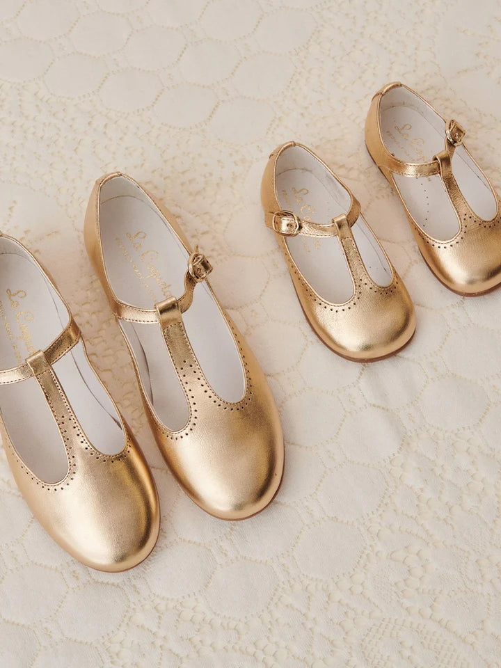 Leather T-Bar Shoes | Gold